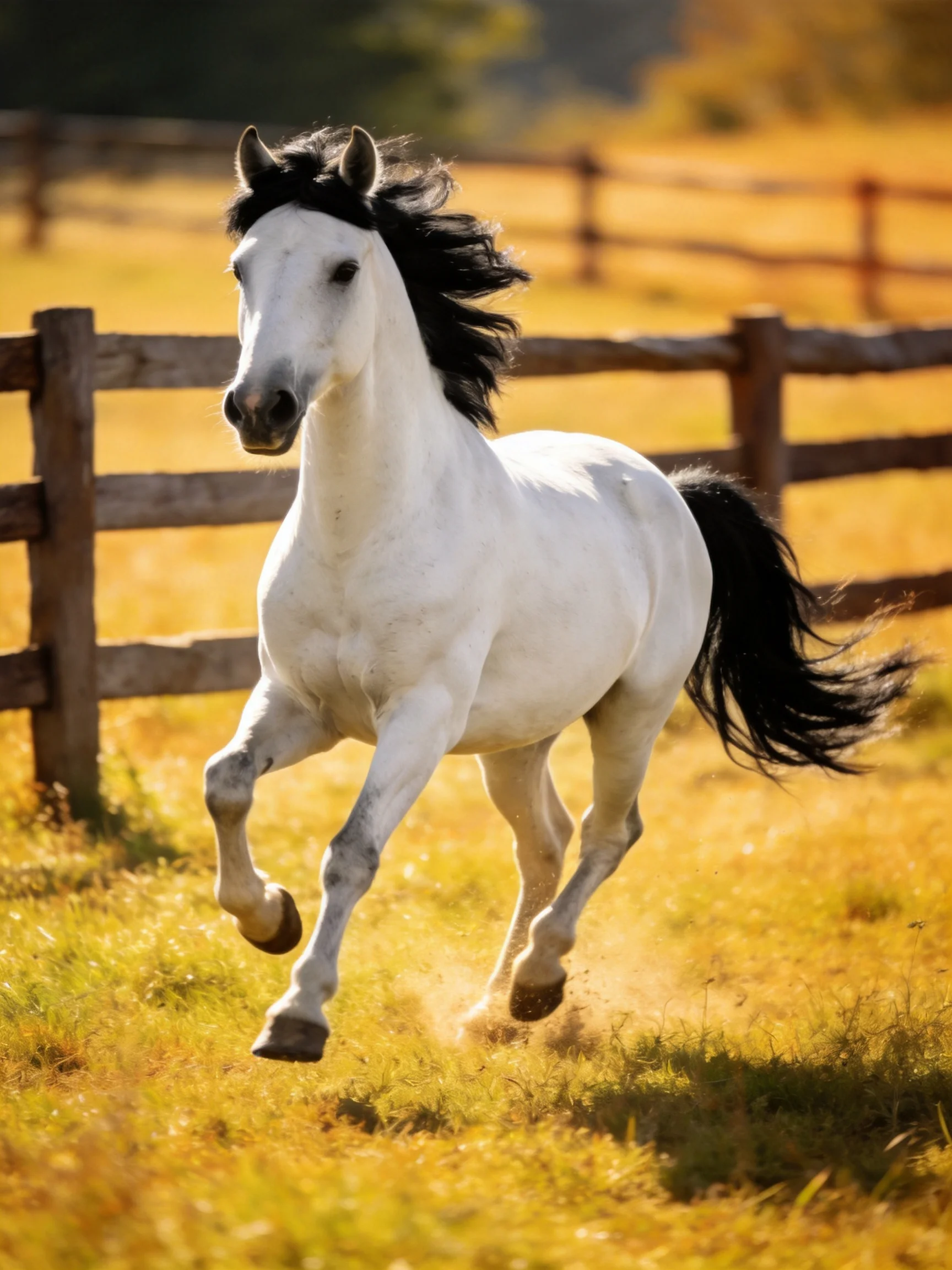 A powerful white horse galloping through a golden pasture with a wooden fence