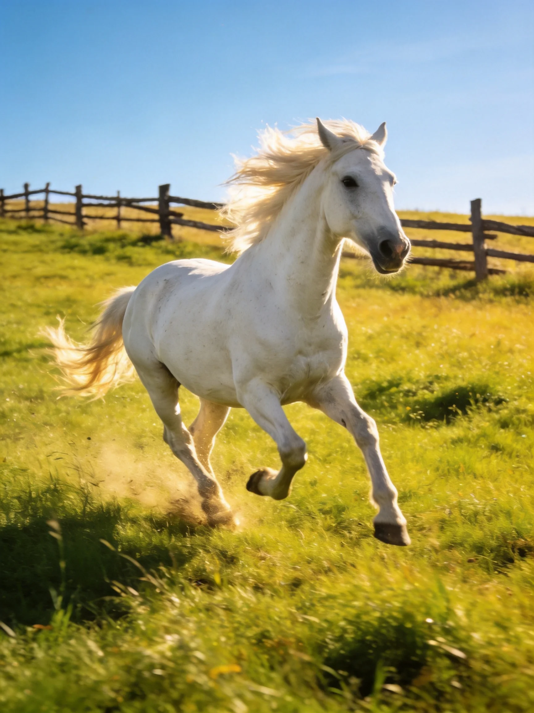A powerful white horse galloping through a sunlit green meadow