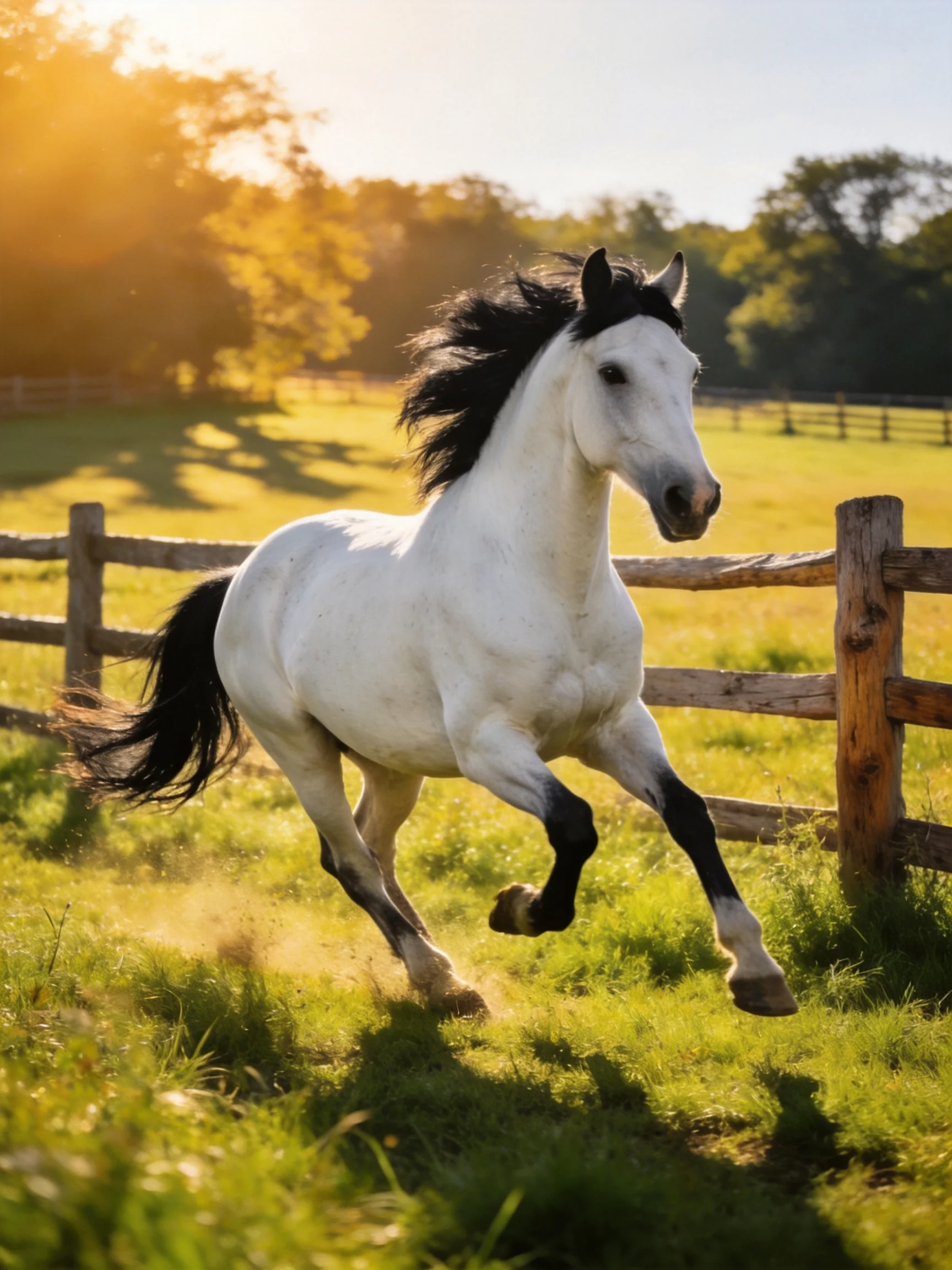 A powerful white horse galloping through a sunlit green pasture