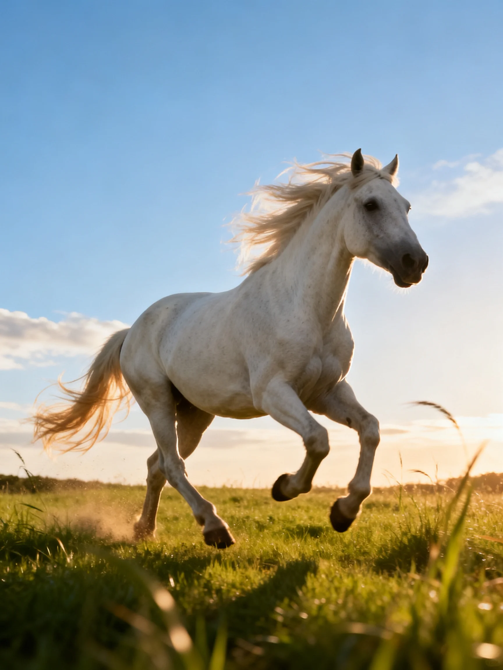 A powerful white horse galloping through a sunlit meadow