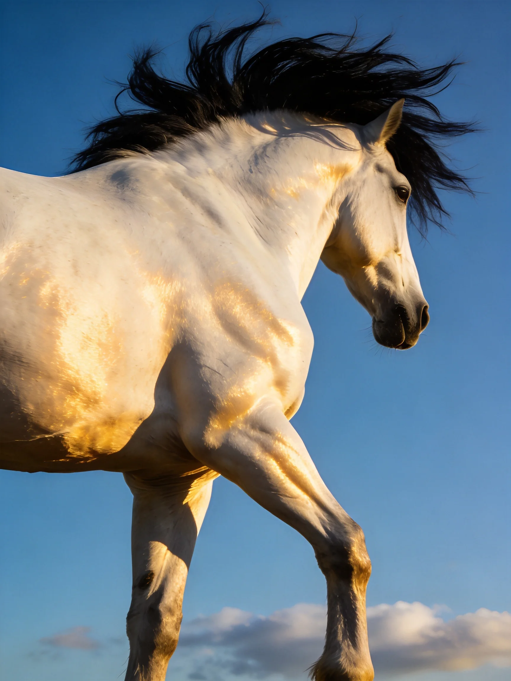 A powerful white horse with dark mane galloping against clear blue sky