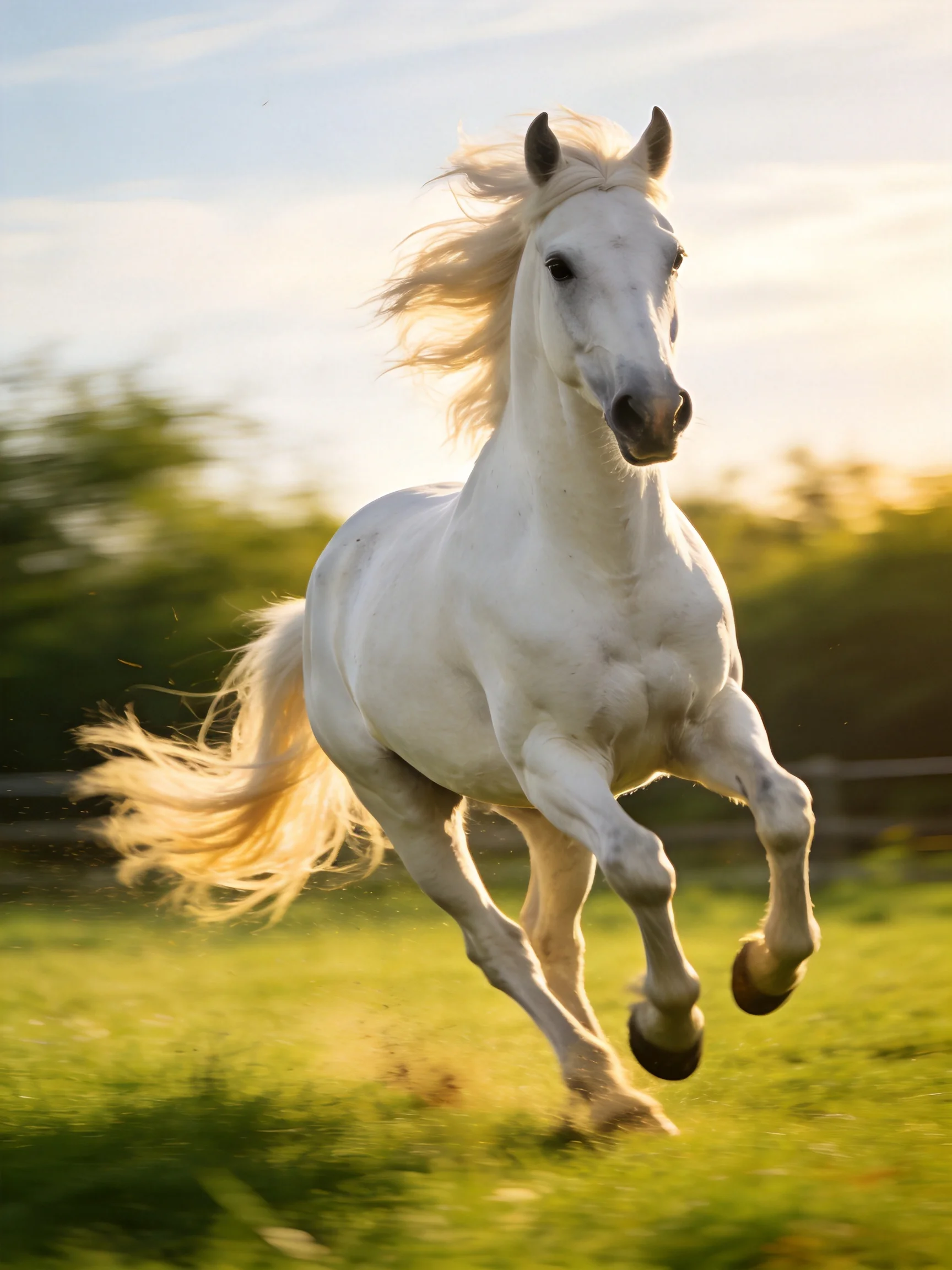 A powerful white stallion galloping through a sunlit meadow