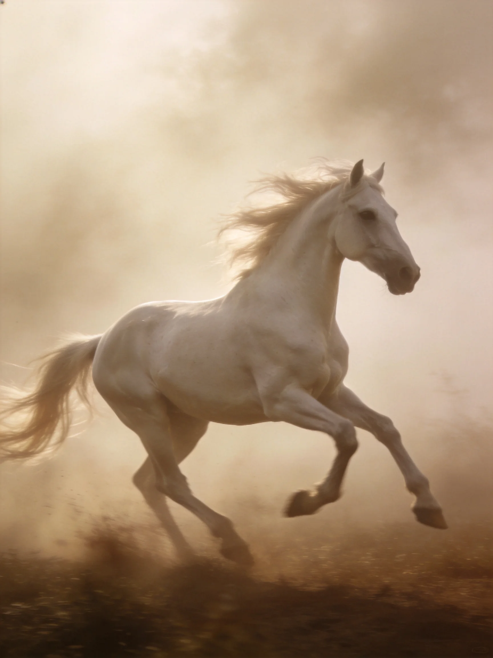 A powerful white stallion galloping through swirling dust clouds