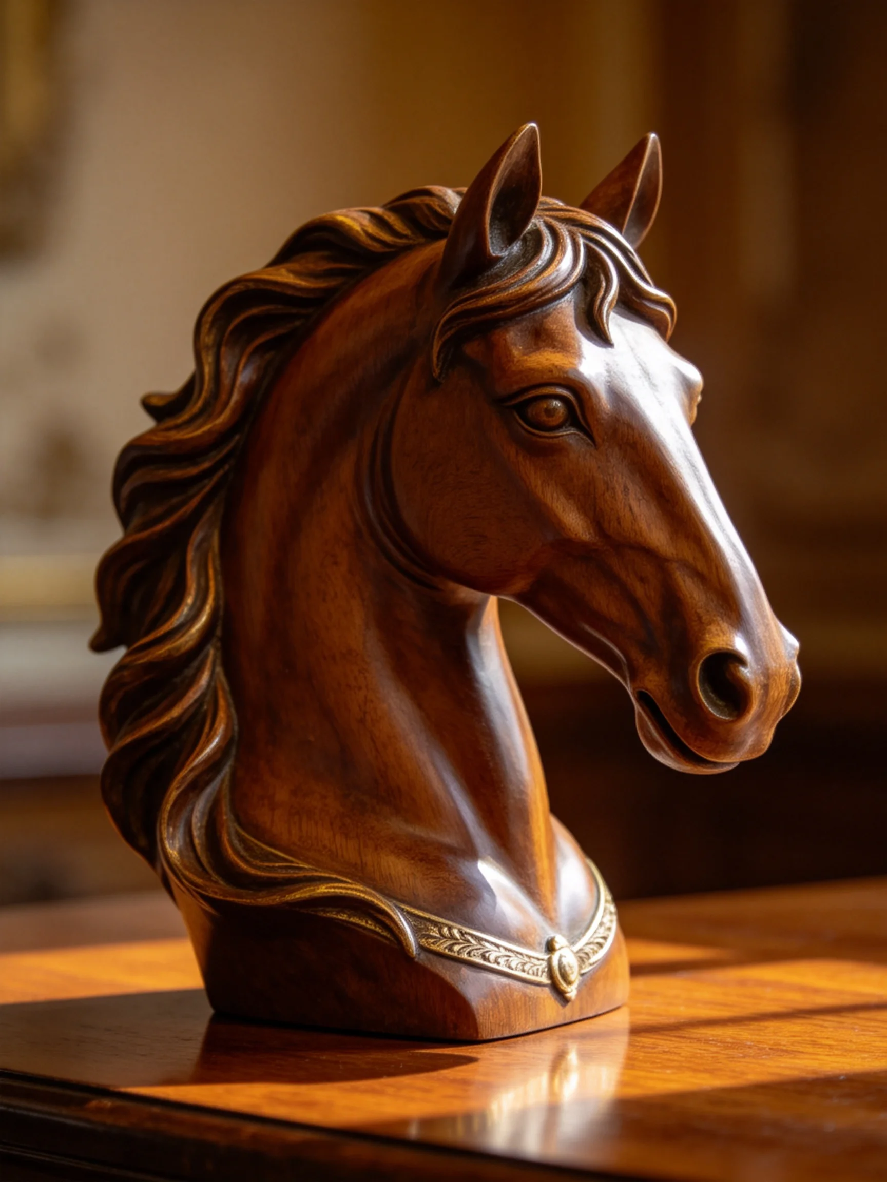 A rich-brown wooden horse bust with ornate decorative collar