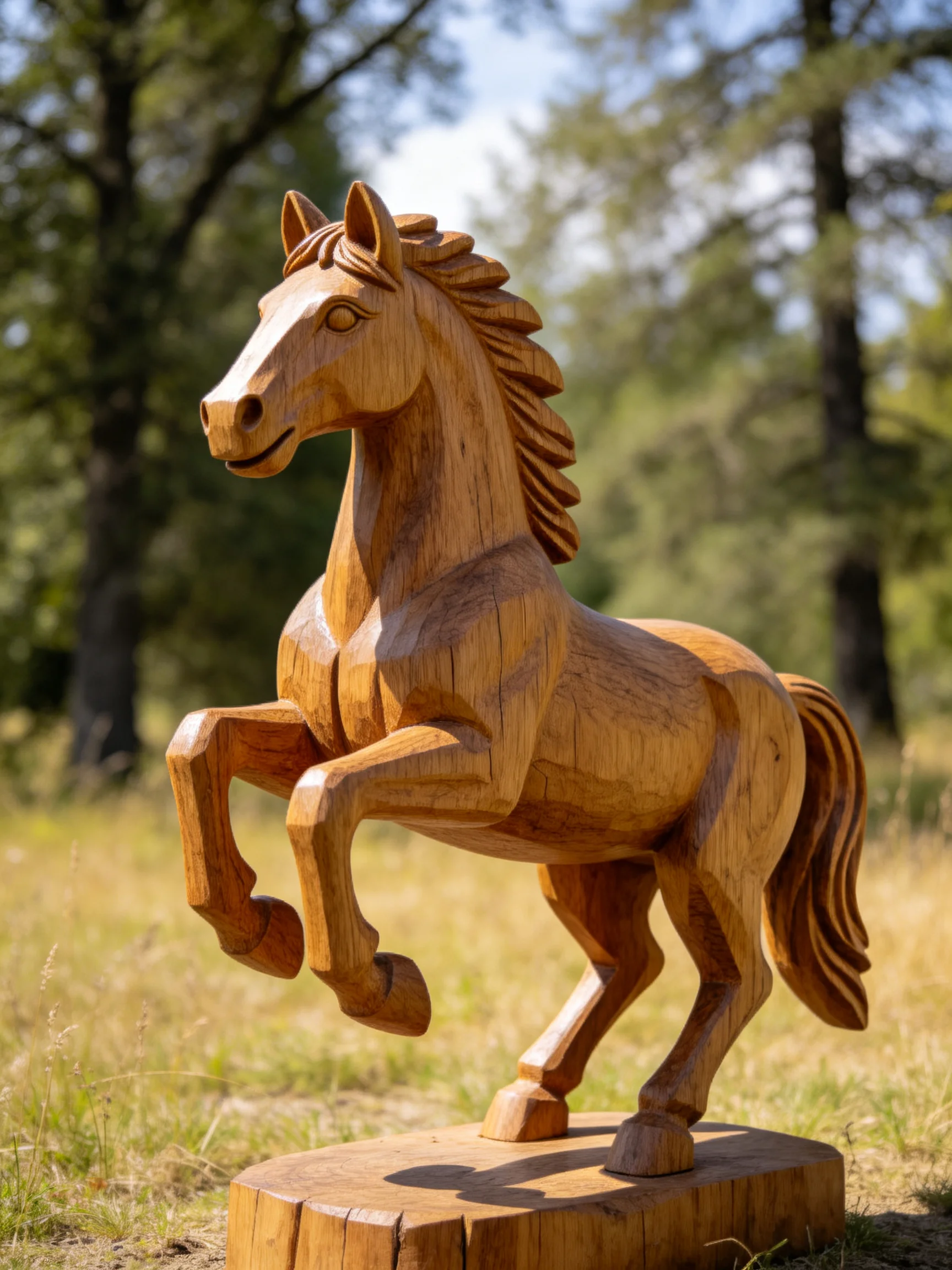 A richly carved wooden horse sculpture in a natural outdoor setting
