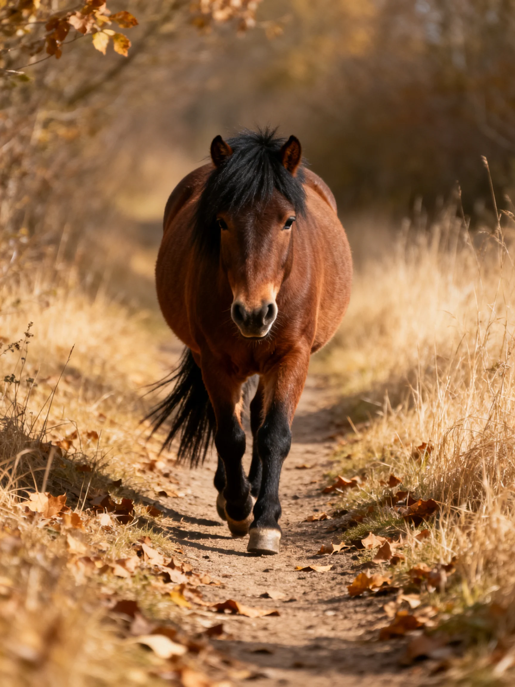A robust brown horse with black mane walks along a leaf-littered autumn dirt path