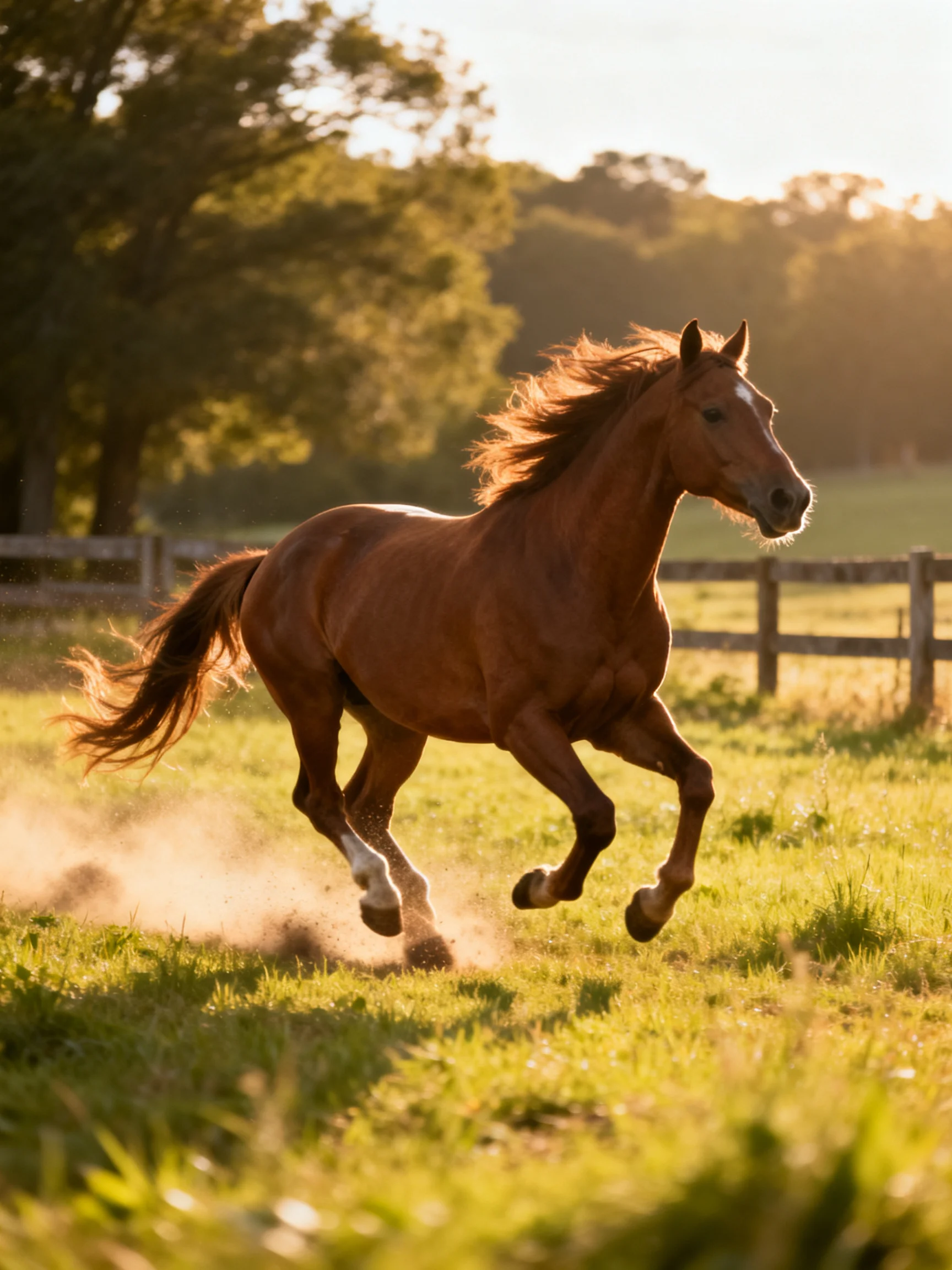 A robust chestnut horse galloping in a sunlit pasture