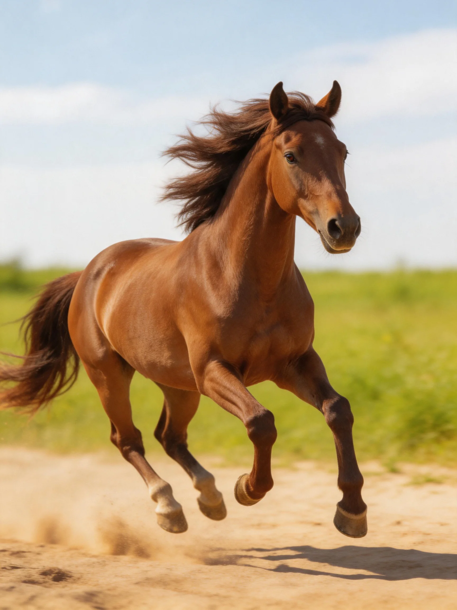 A robust chestnut horse galloping on a dusty path near green fields