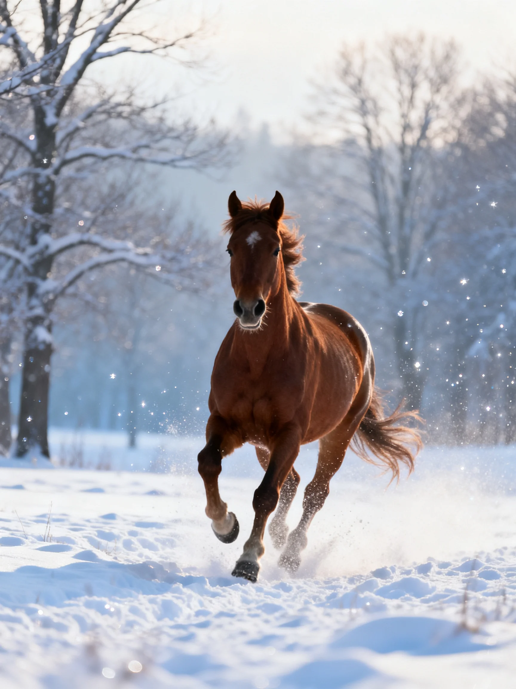 A robust chestnut horse galloping through a snowy landscape