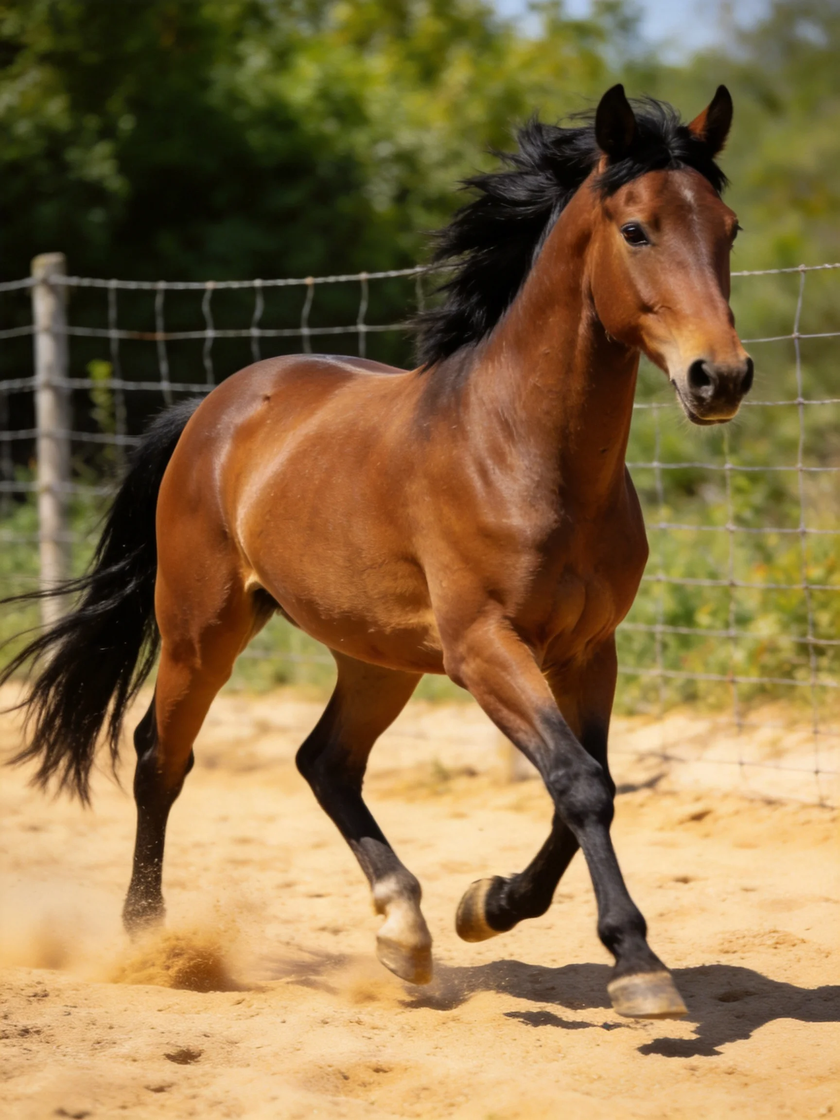 A robust chestnut horse gallops on sandy terrain near a wire fence