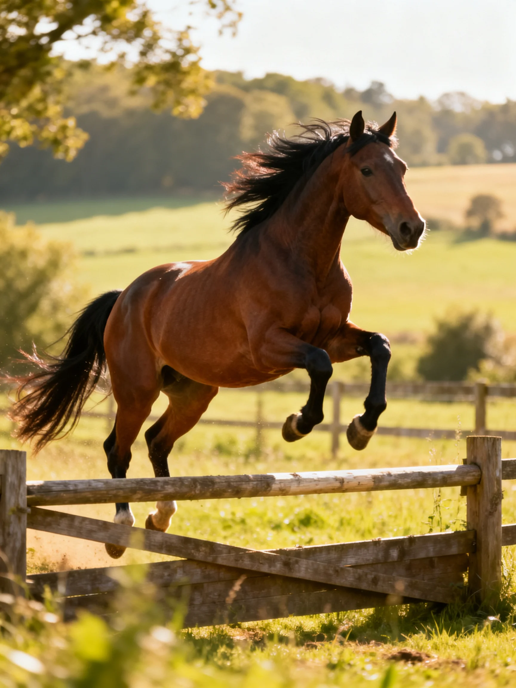 A robust chestnut horse leaps over a wooden fence in a sunlit field