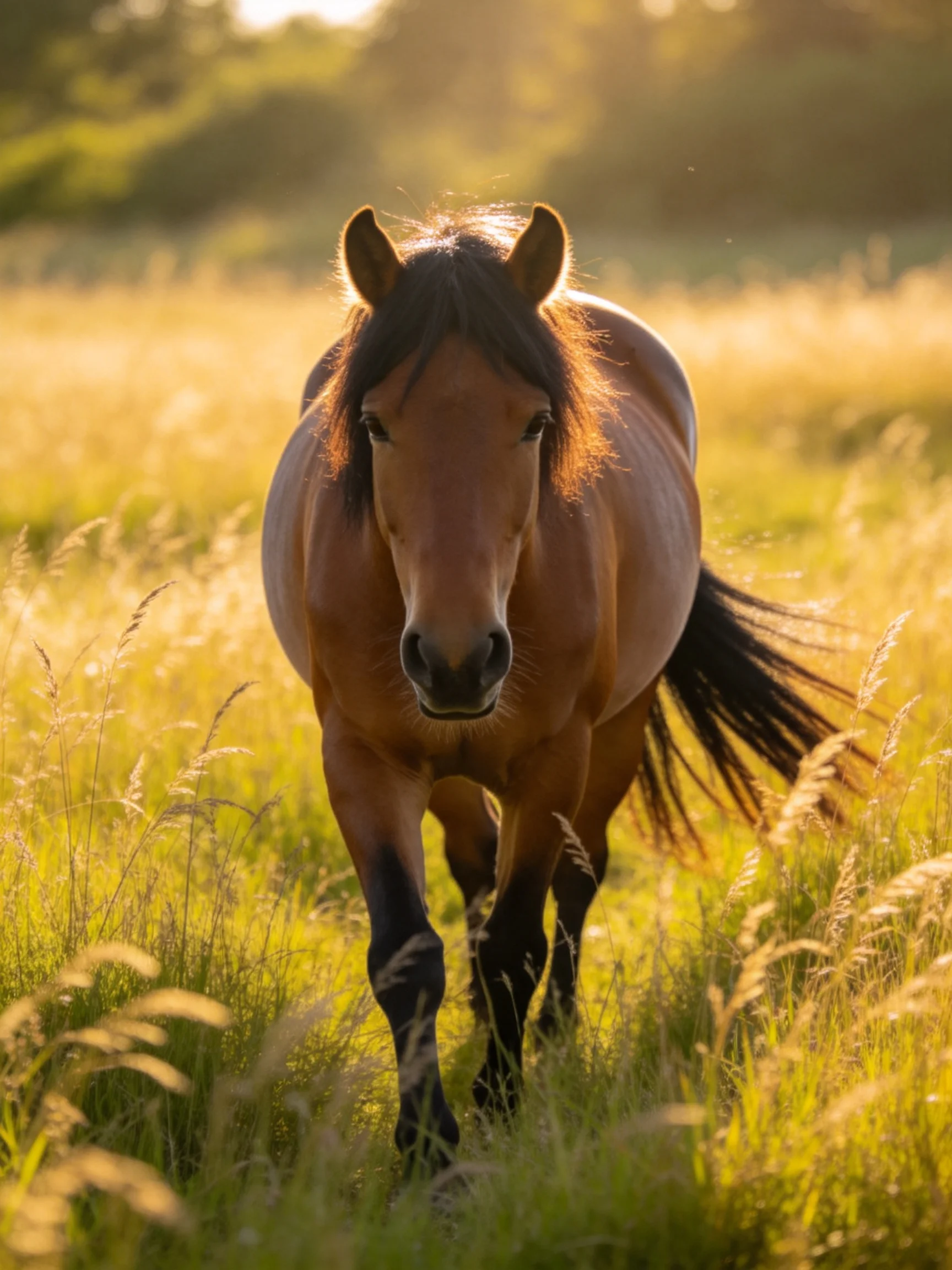 A robust chestnut horse walking through a sunlit meadow