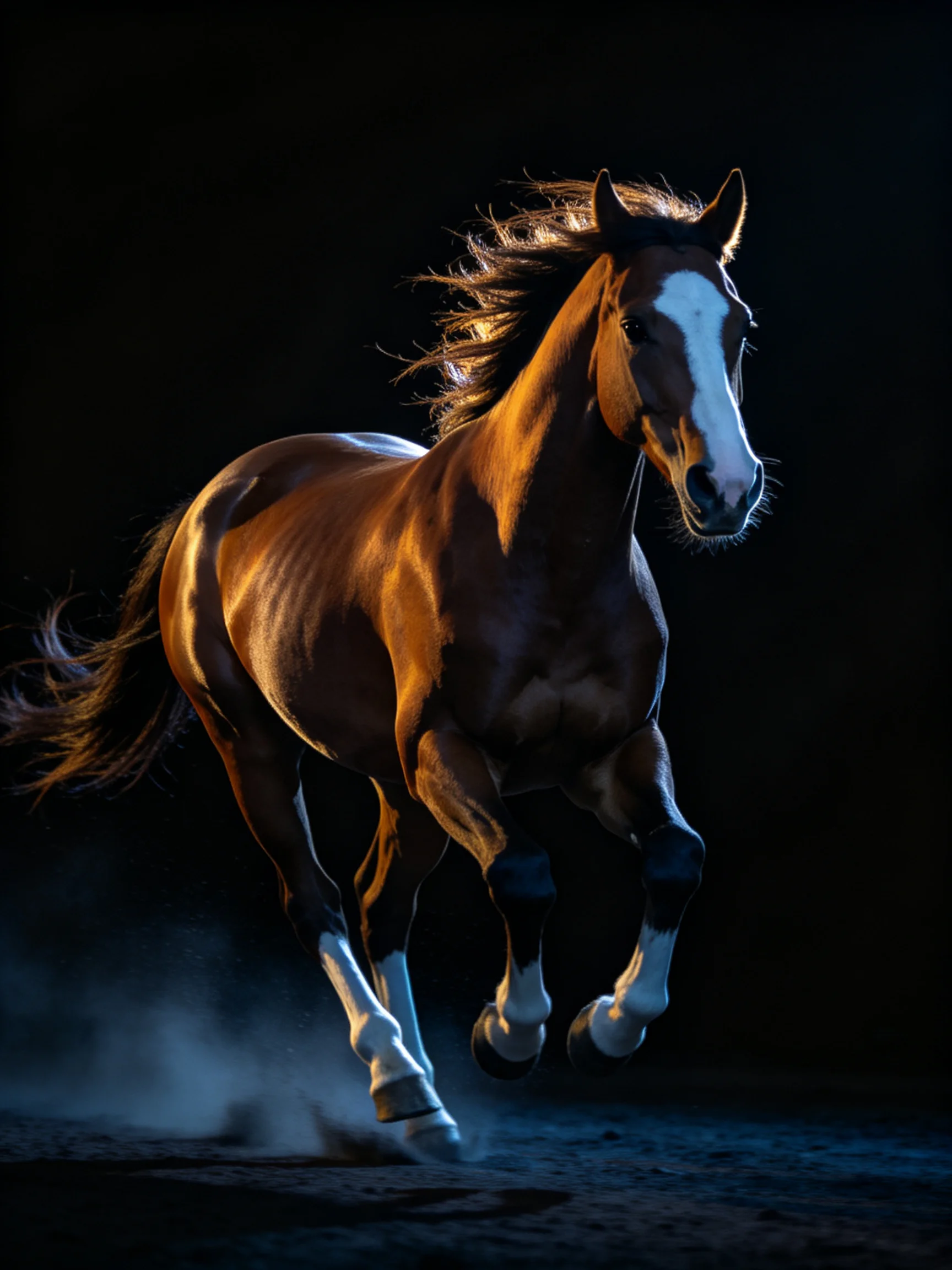 A robust chestnut horse with white markings galloping through darkness