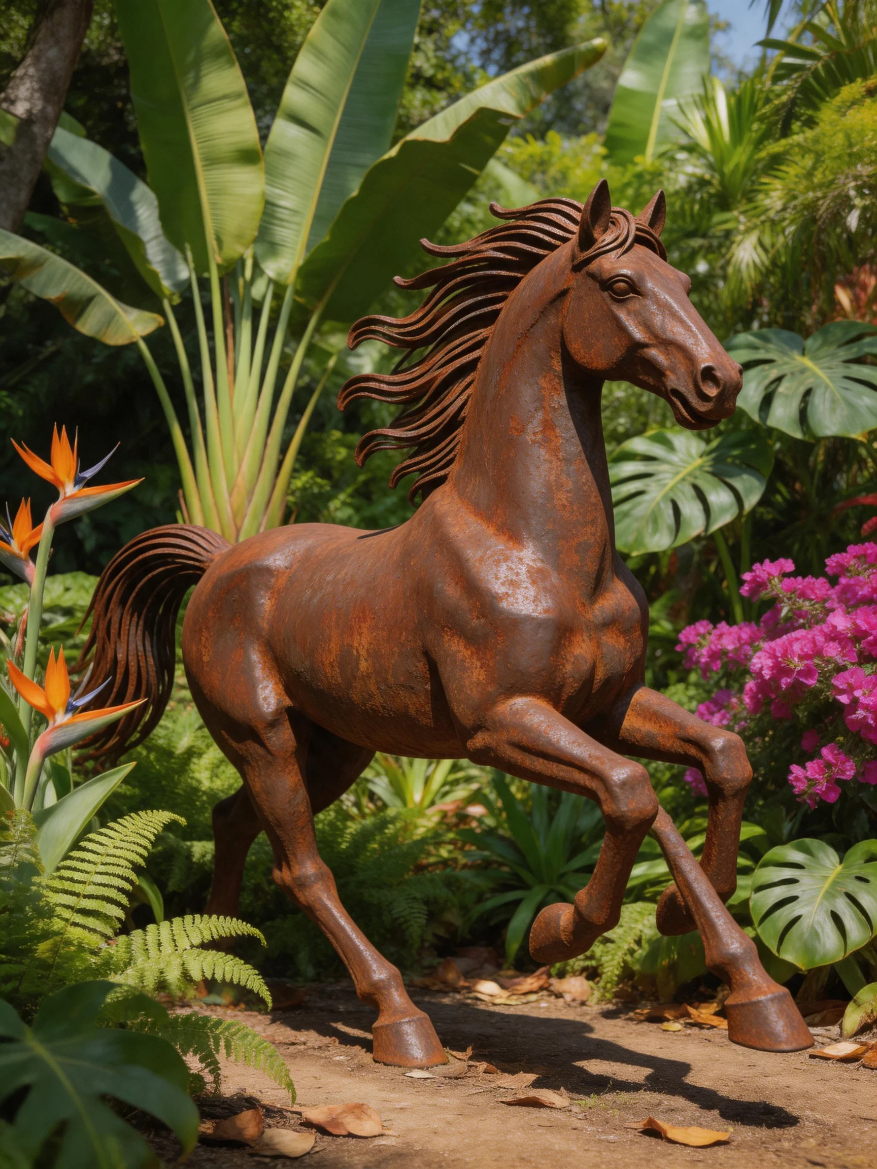 A rusted metal horse sculpture amidst tropical greenery and colorful blooms