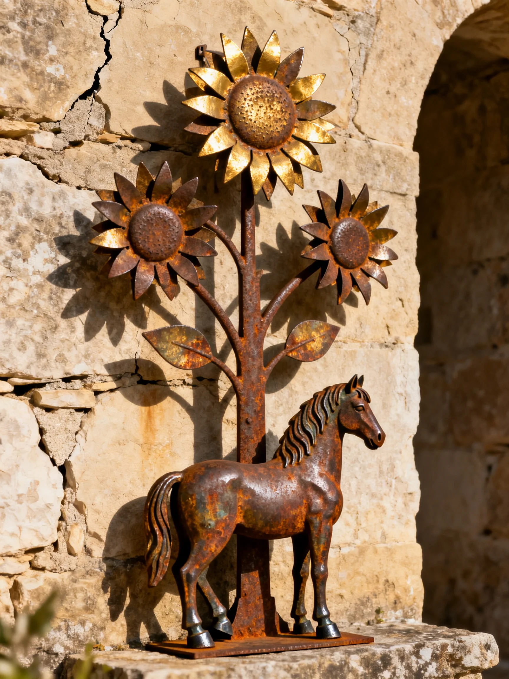 A rusty metal horse sculpture beside three sunflower sculptures on an aged stone wall
