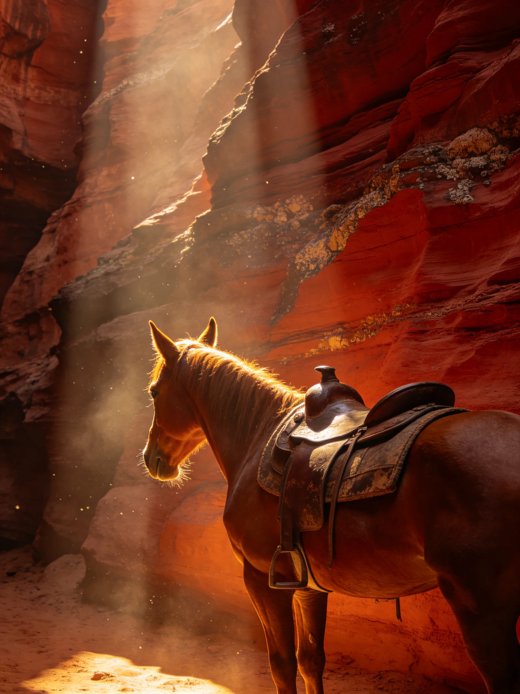A saddled brown horse stands in a sunlit red rock canyon.