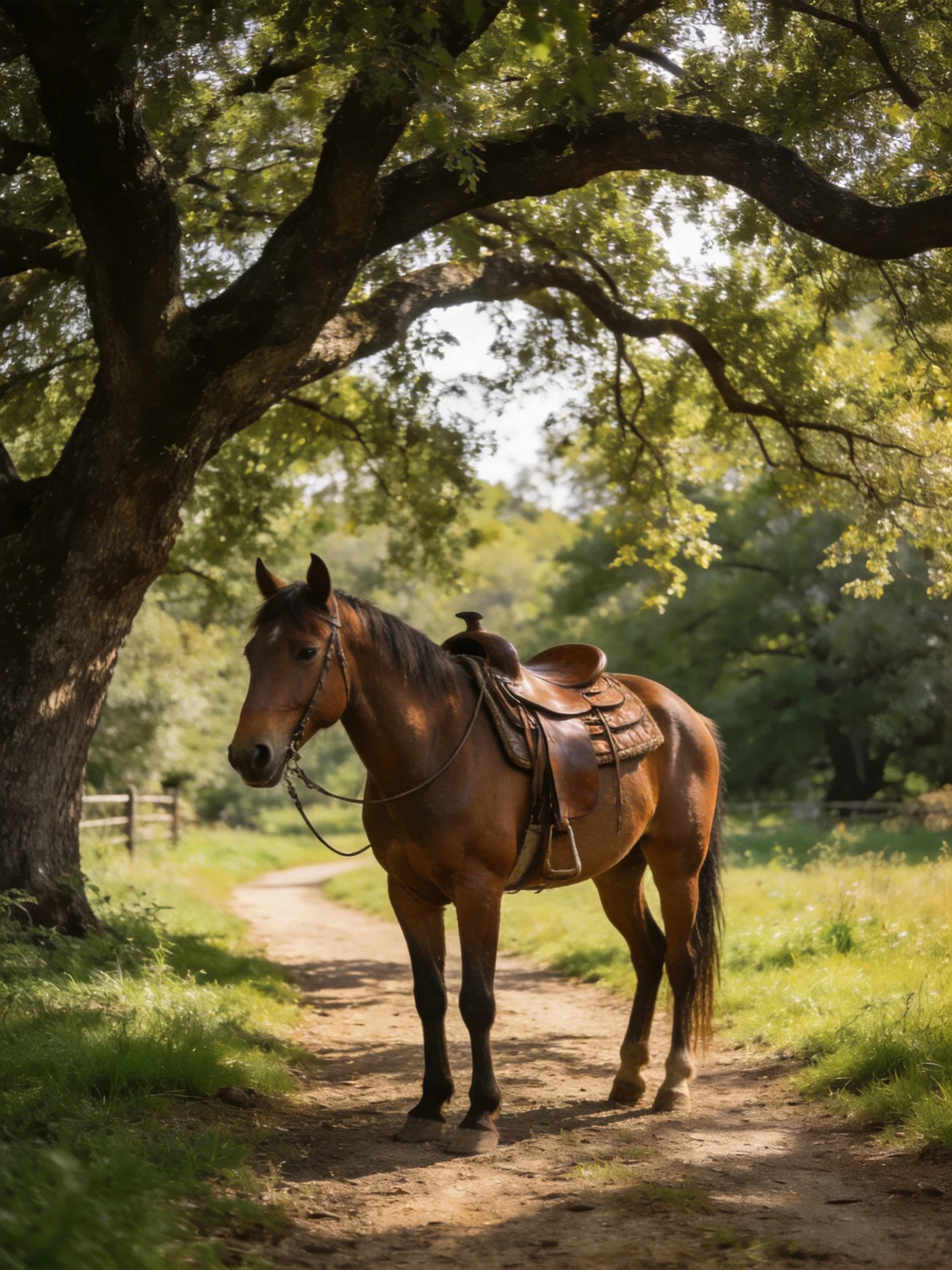 A saddled brown horse stands on a sunlit dirt path under large trees