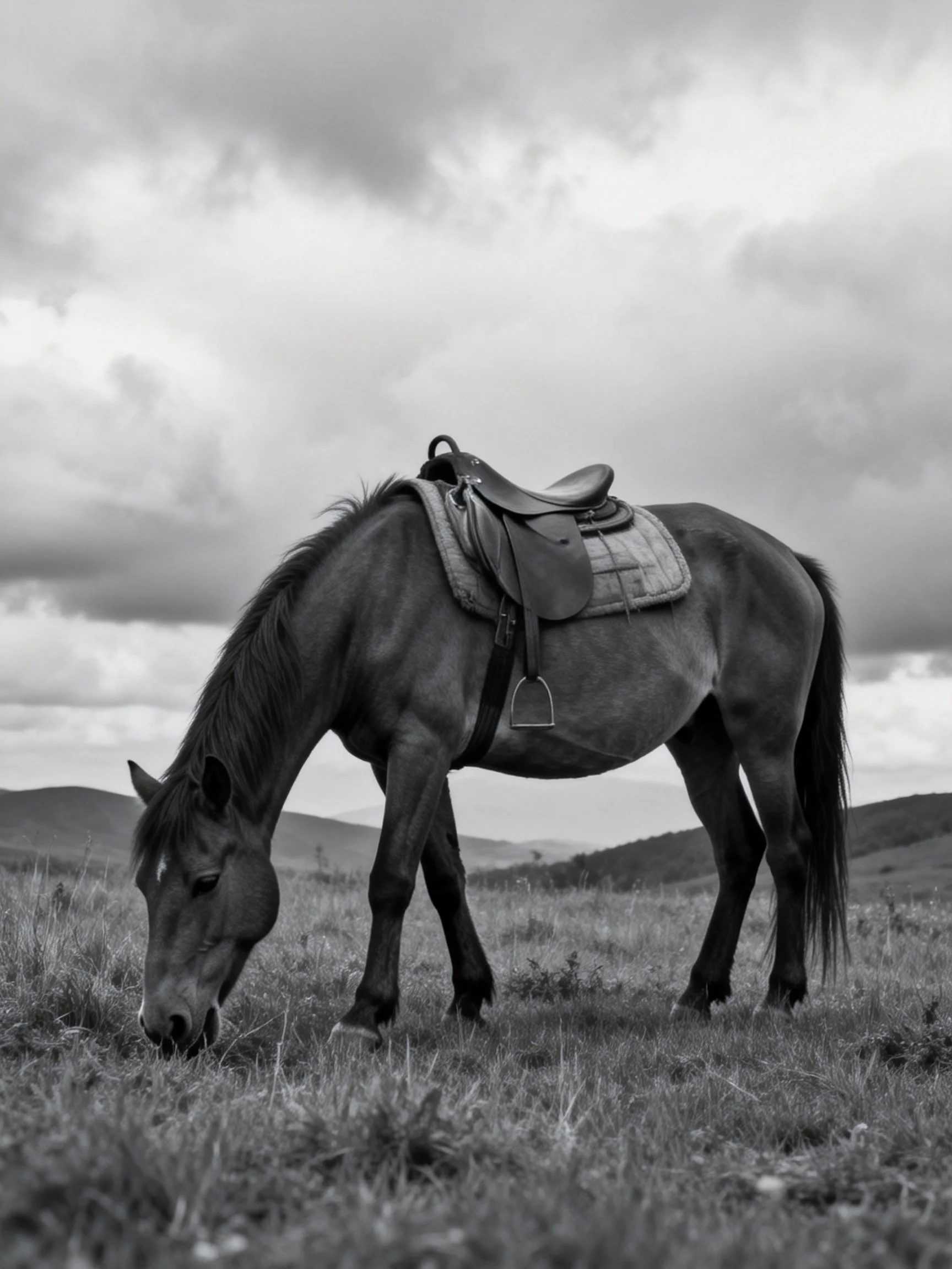 A saddled horse grazes in a grassy field under cloudy skies