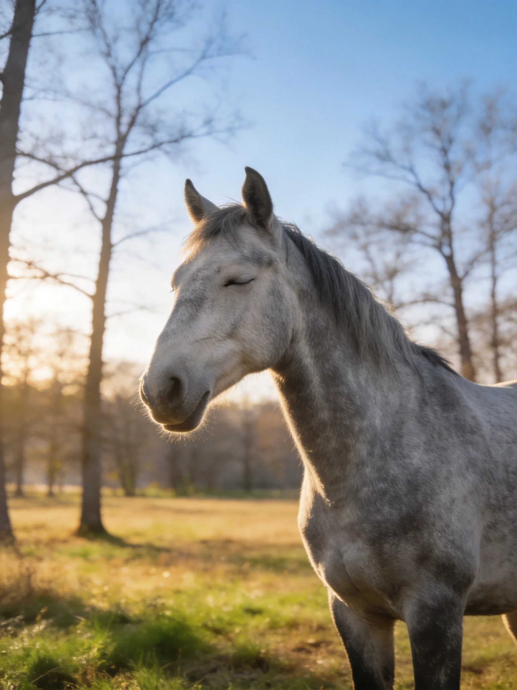 A serene gray horse in a sunlit wooded meadow
