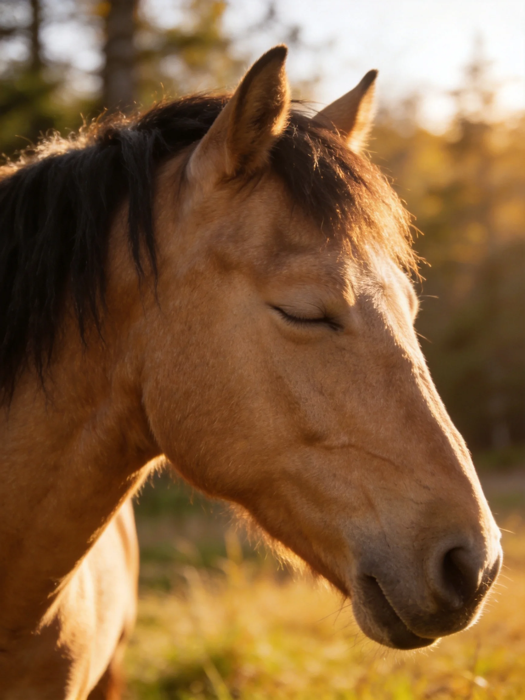 A tan horse with closed eyes relishes the golden-hour light outdoors.