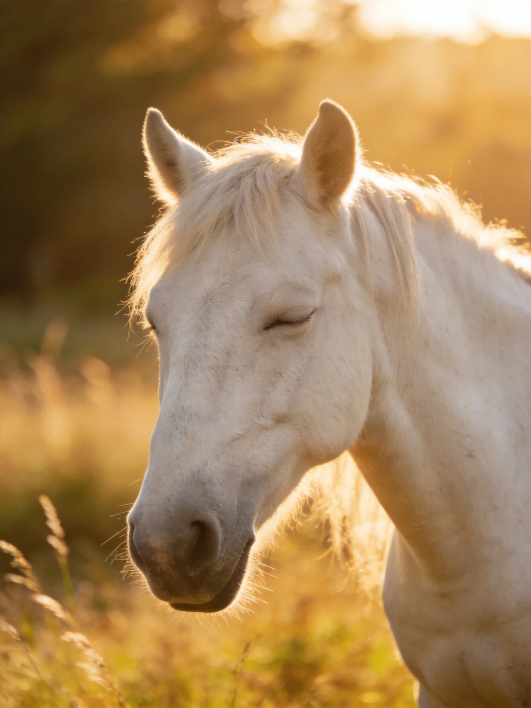 A serene white horse basking in golden sunlight among tall grass