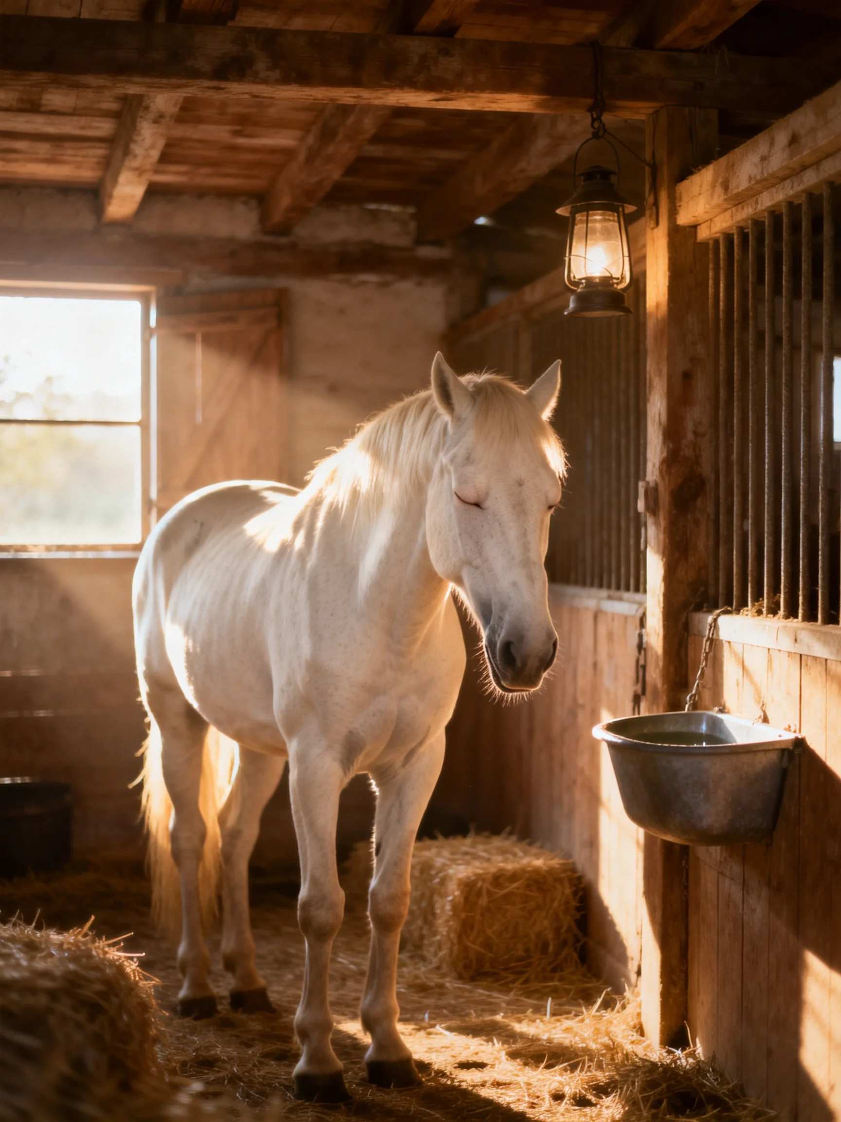 A serene white horse in a rustic wooden stable with hay bales