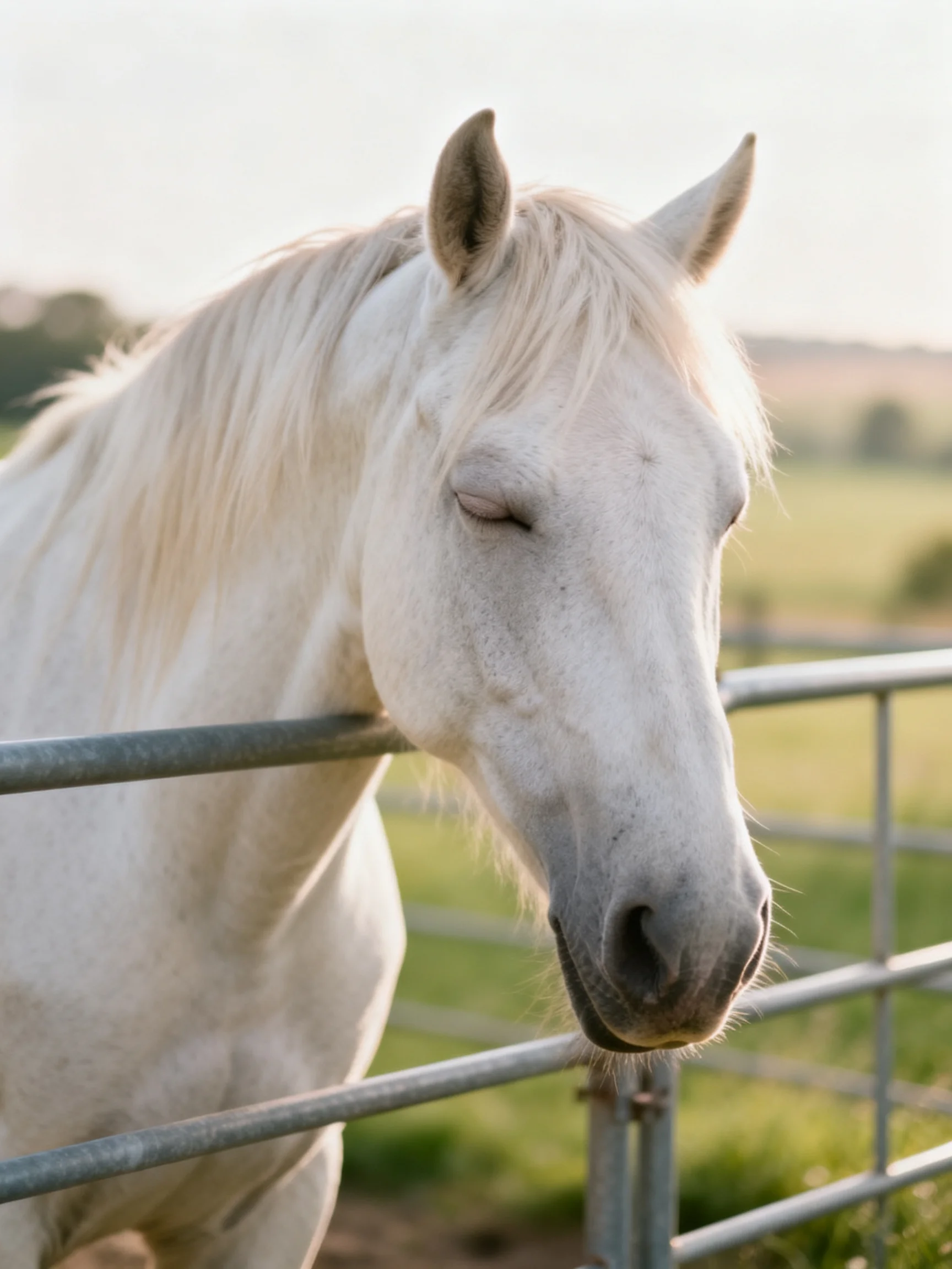 A serene white horse leans against a metal fence in a sunlit pasture