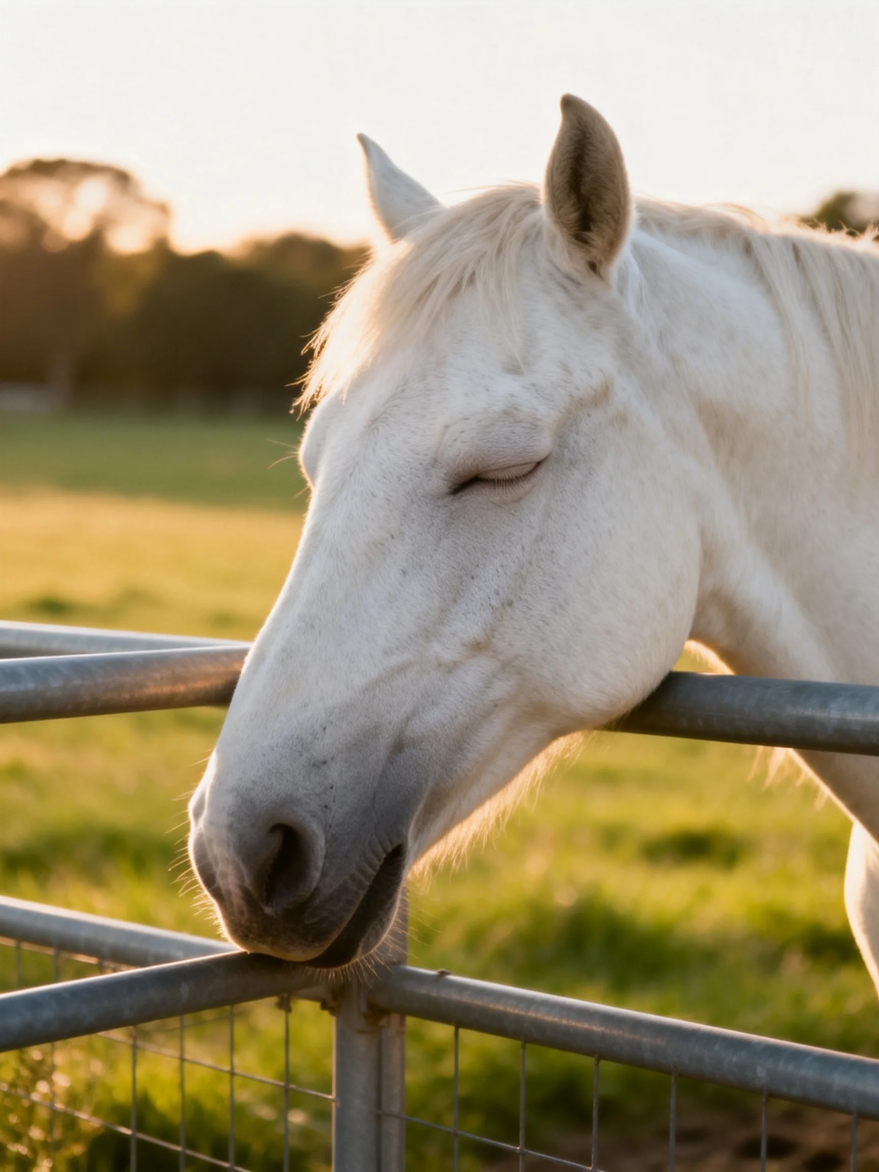 A serene white horse rests against a metal fence in golden light