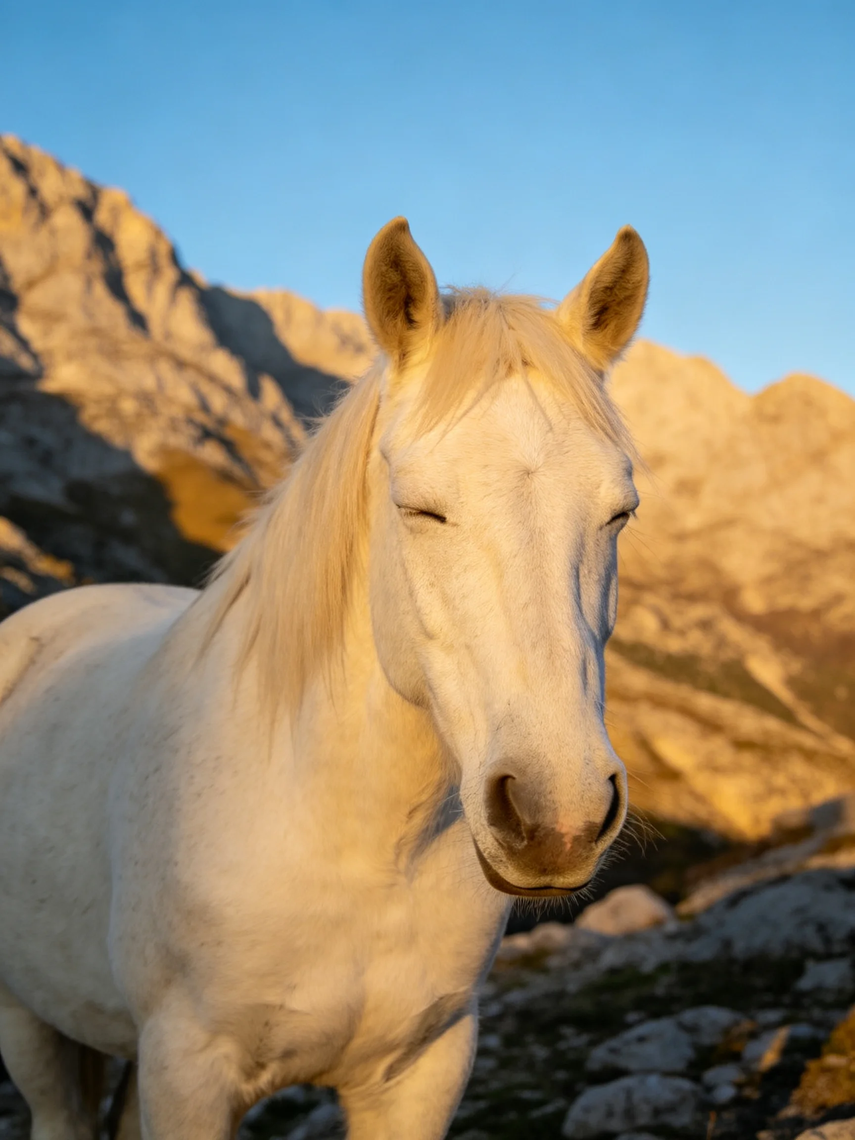 A serene white horse stands before golden mountain peaks