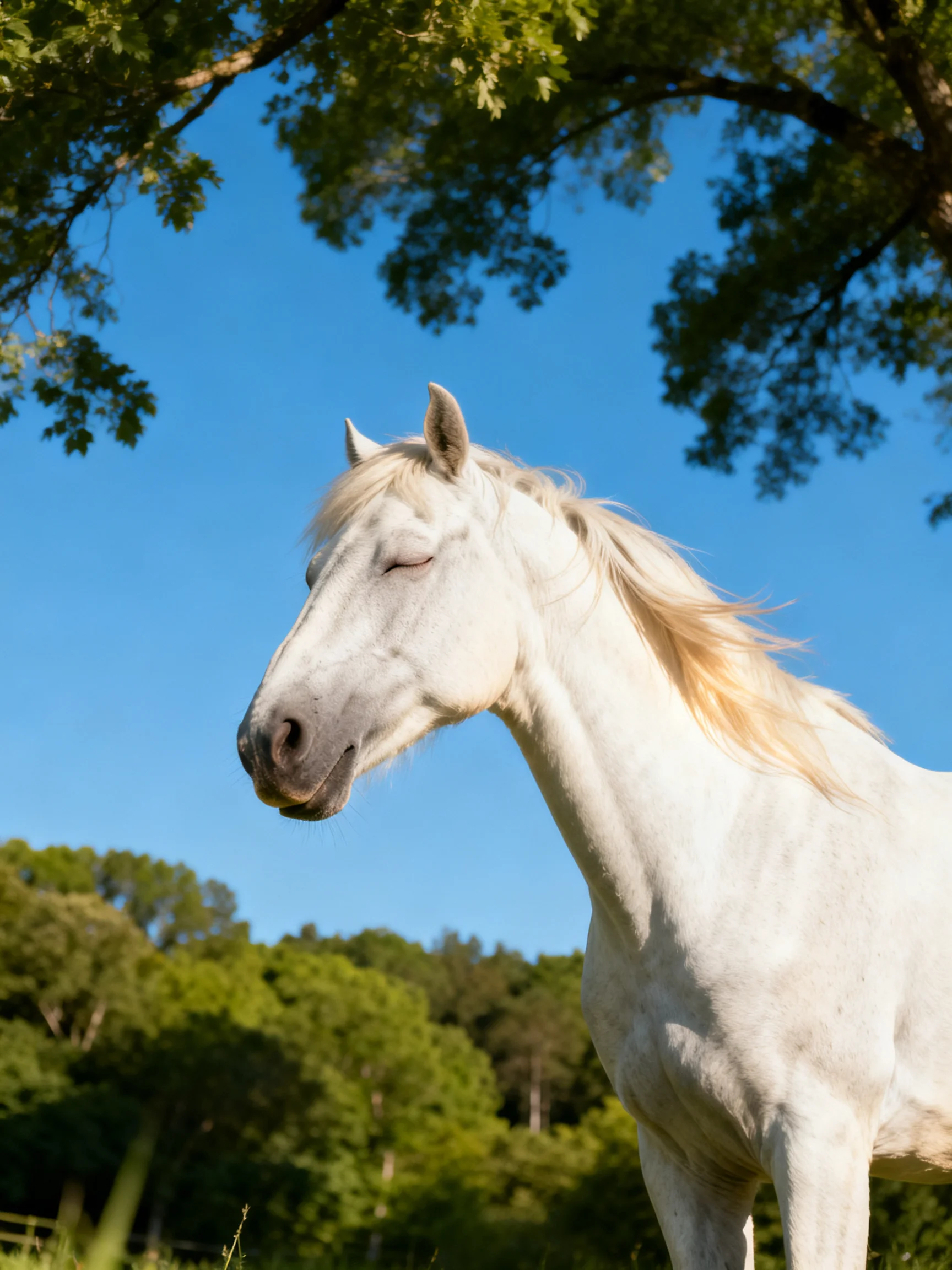 A serene white horse stands beneath a clear blue sky near lush green trees