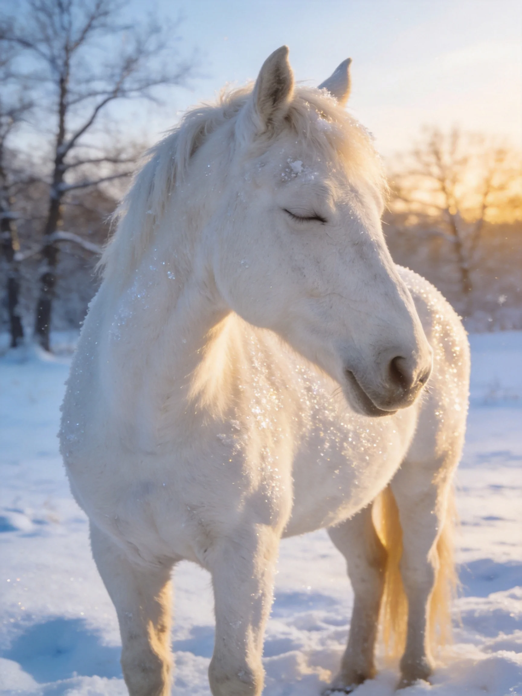 A white horse stands calmly in a snowy field during sunset