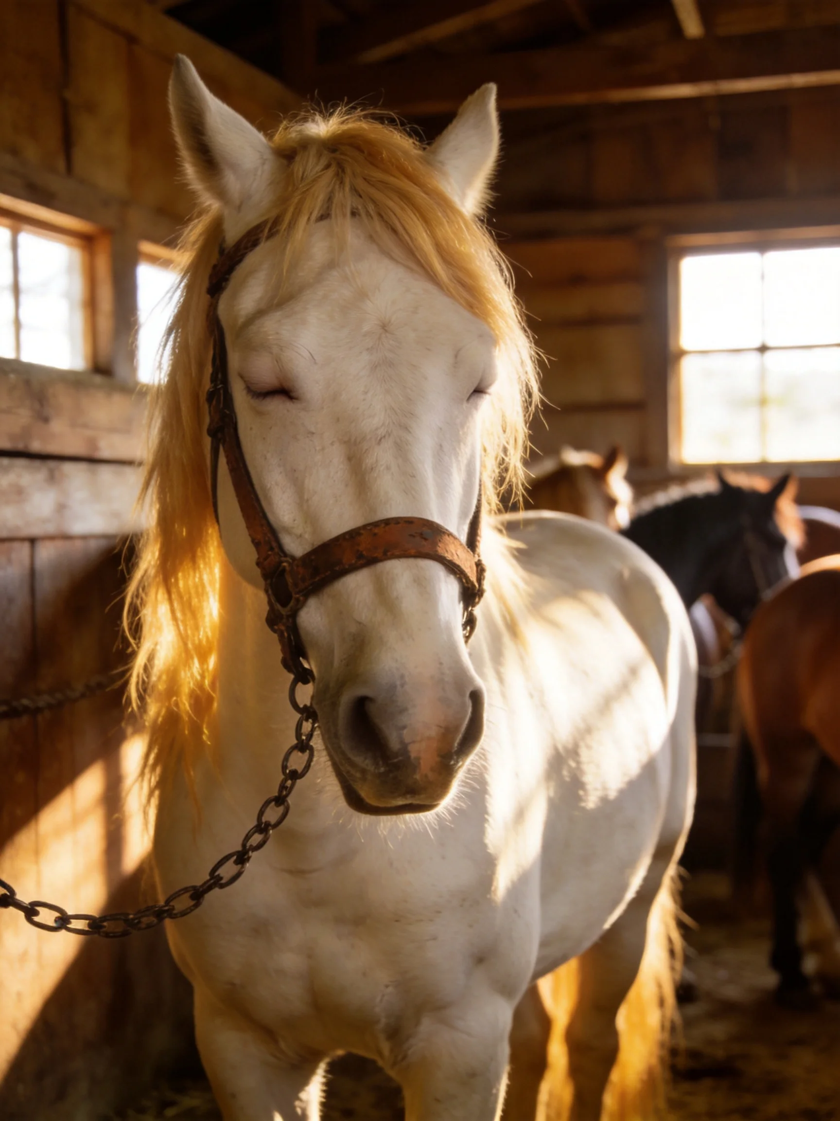A white horse with golden mane rests peacefully inside a wooden stable