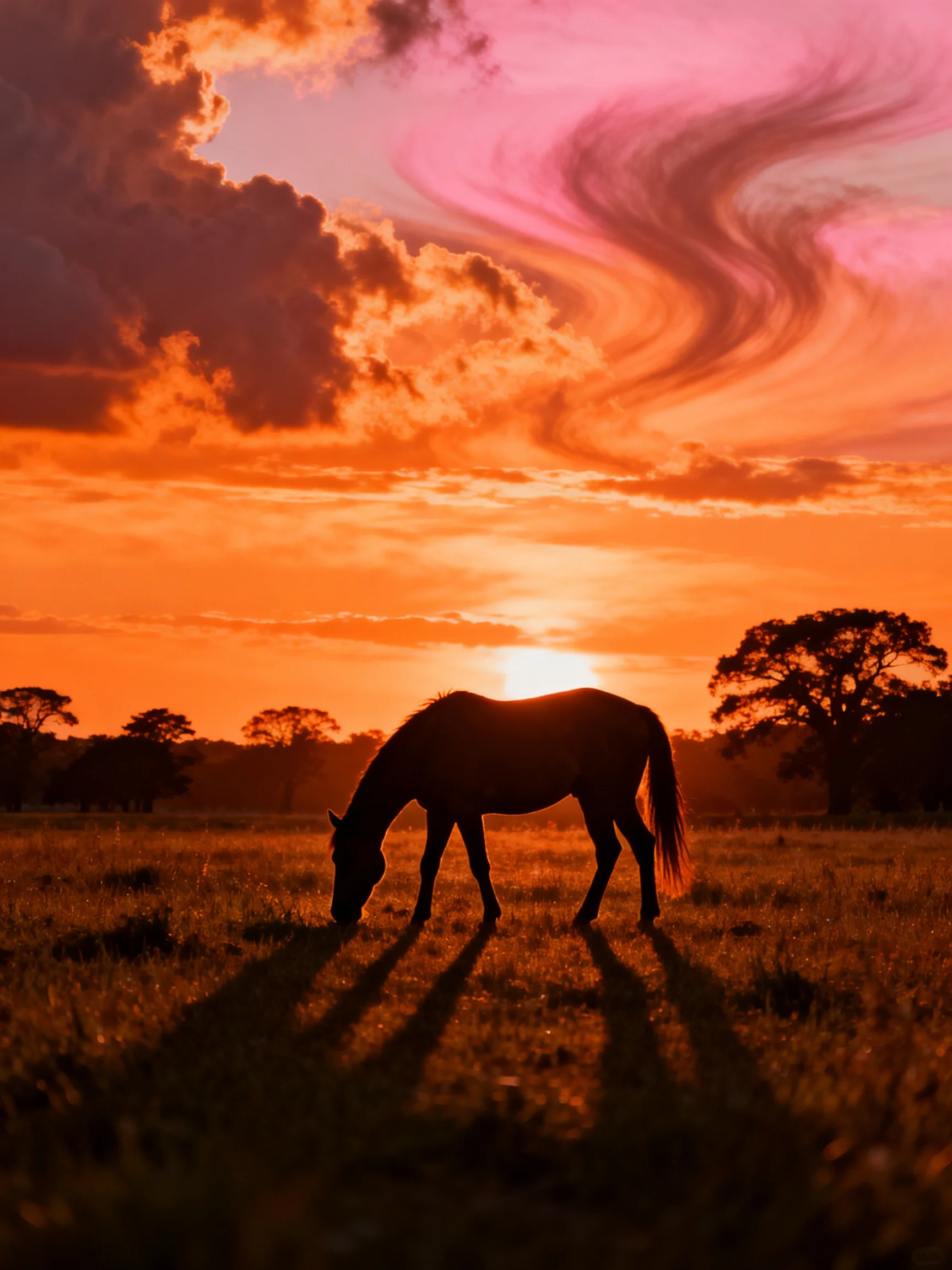 A silhouetted horse grazing in a golden field under vibrant sunset skies