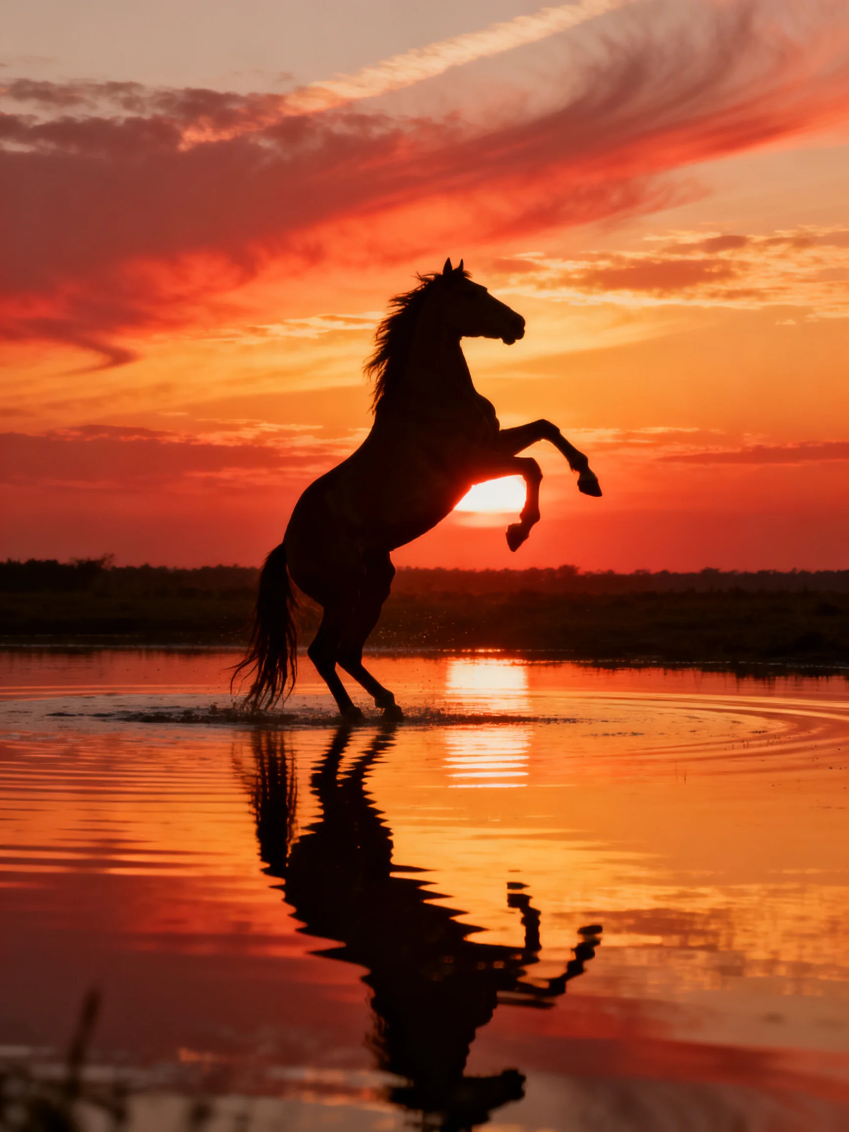 A silhouetted horse rears at vibrant sunset over calm water