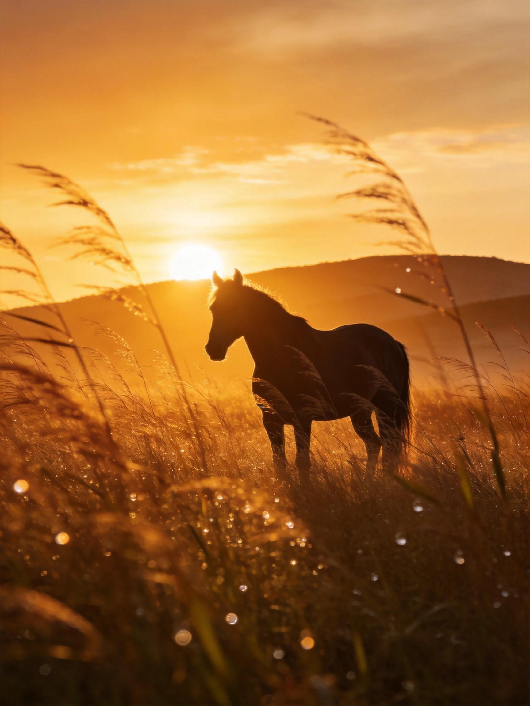 A silhouetted horse stands in a golden field under a glowing sunset