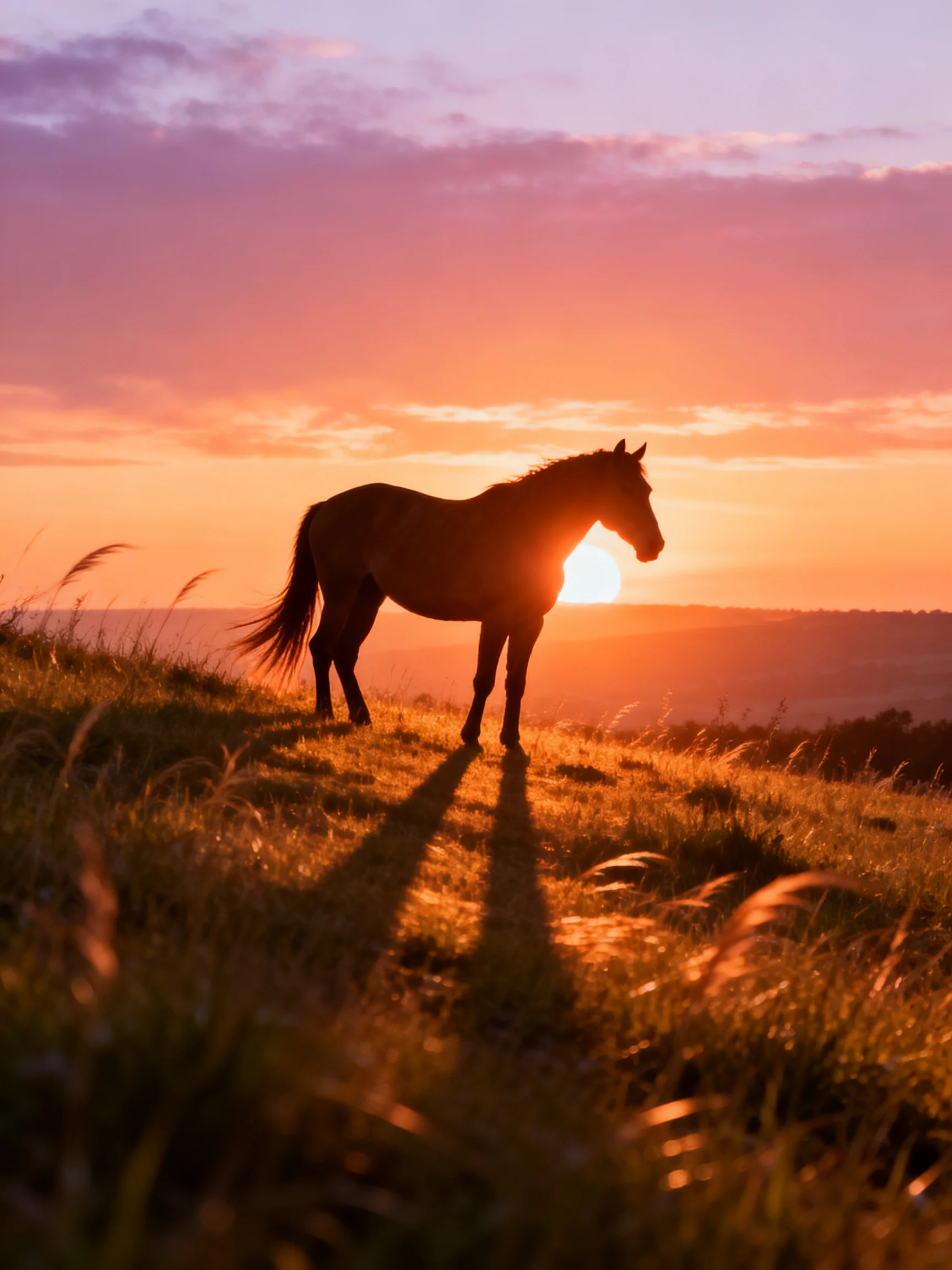 A silhouetted horse stands on a grassy hill during a colorful sunset