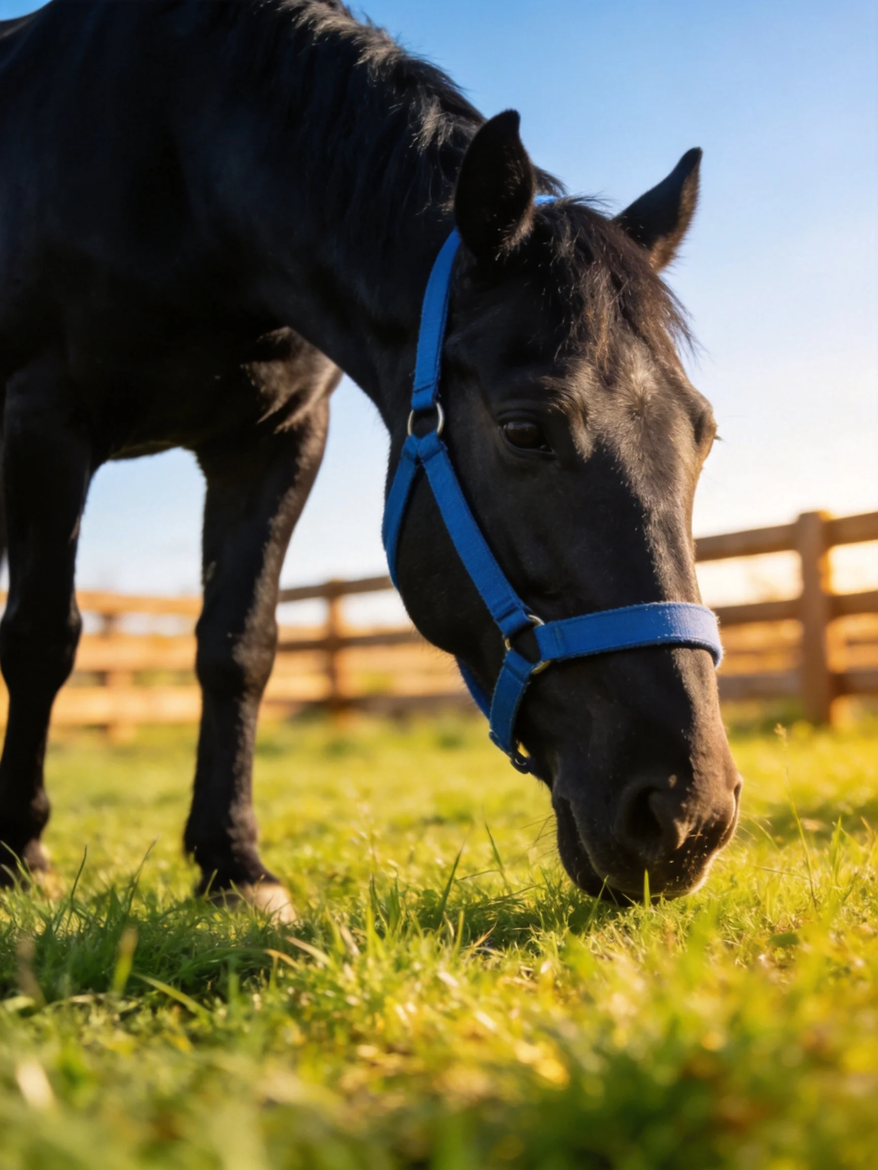A single black horse with a blue halter grazing in a sunlit field