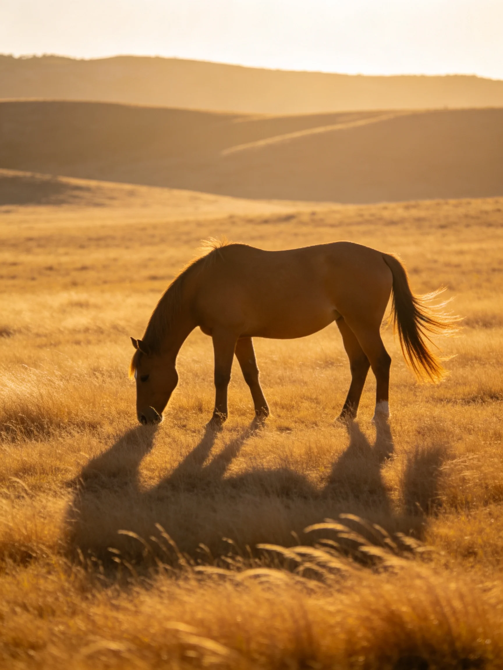 A single brown horse grazing in a vast golden grassland at sunset
