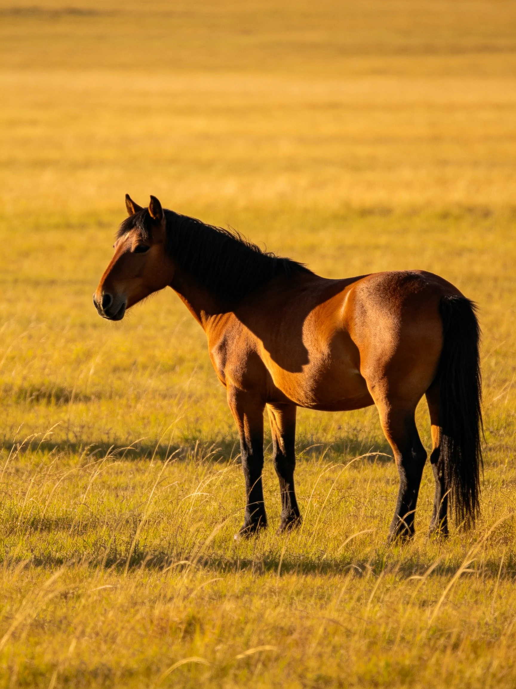 A single brown horse stands in a vast golden grassland