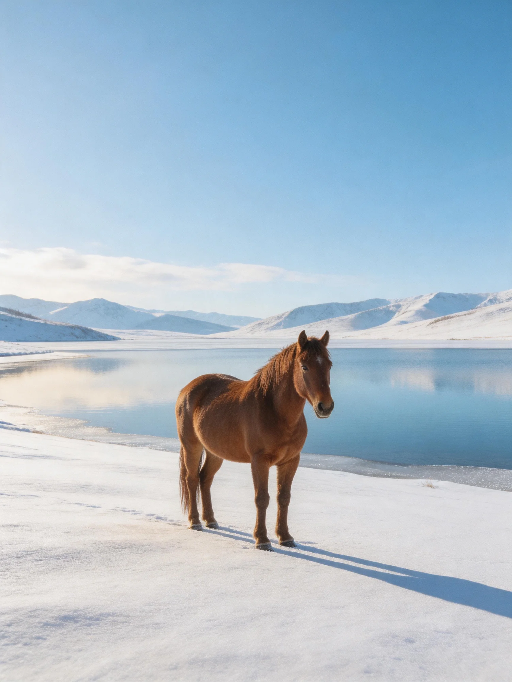 A single brown horse stands on snow near a frozen lake with white mountains