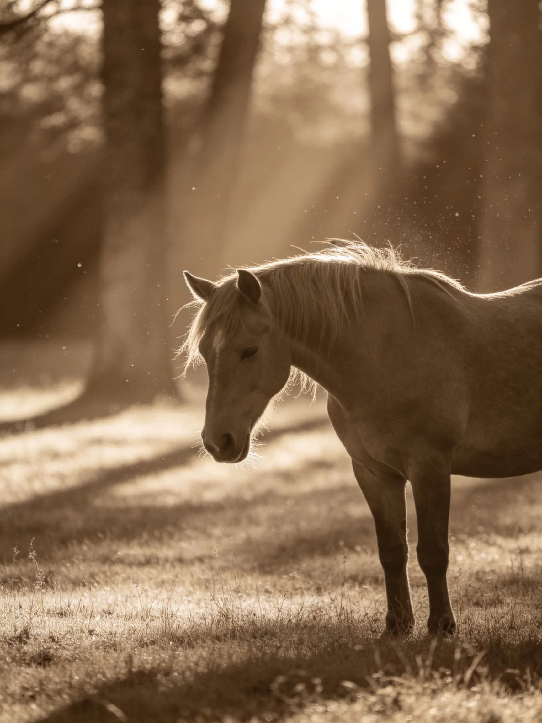 A single horse in a sunlit forest clearing with tall trees