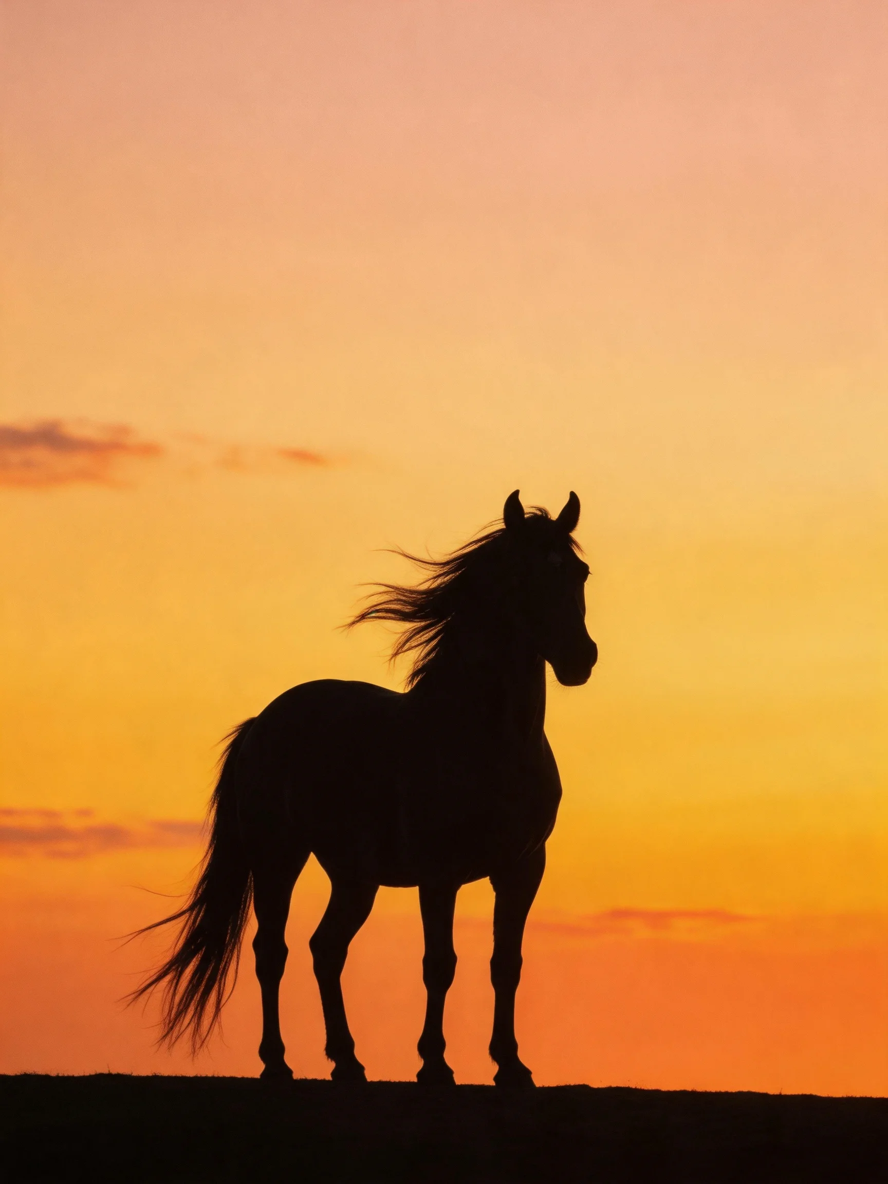A single horse silhouette against a vibrant sunset sky