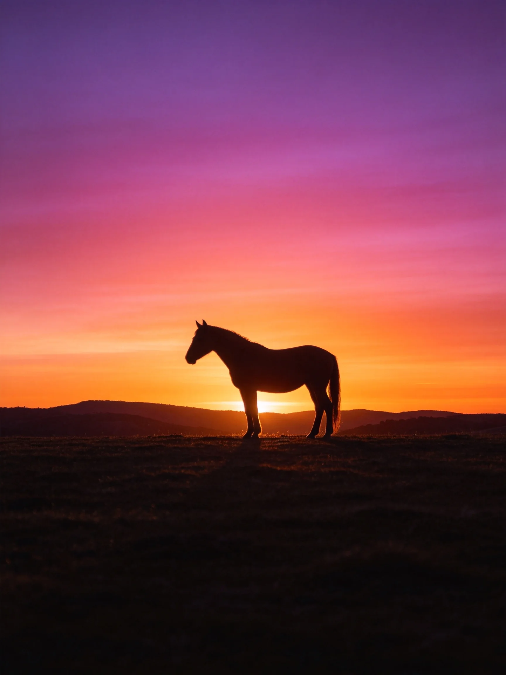 A single horse silhouetted against a vibrant sunset sky with rolling hills