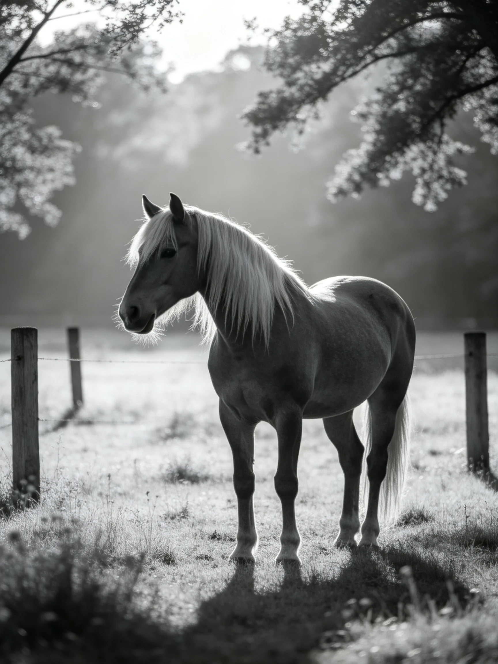 A single palomino horse stands near wooden fence posts in a misty field