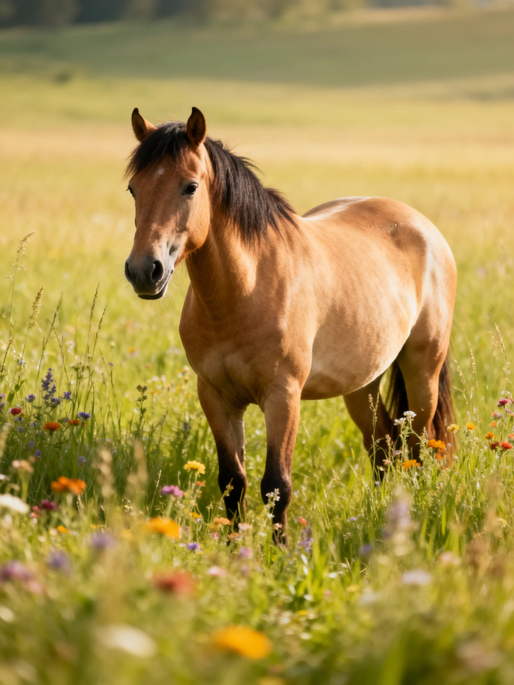A single tan horse stands in a vibrant wildflower meadow