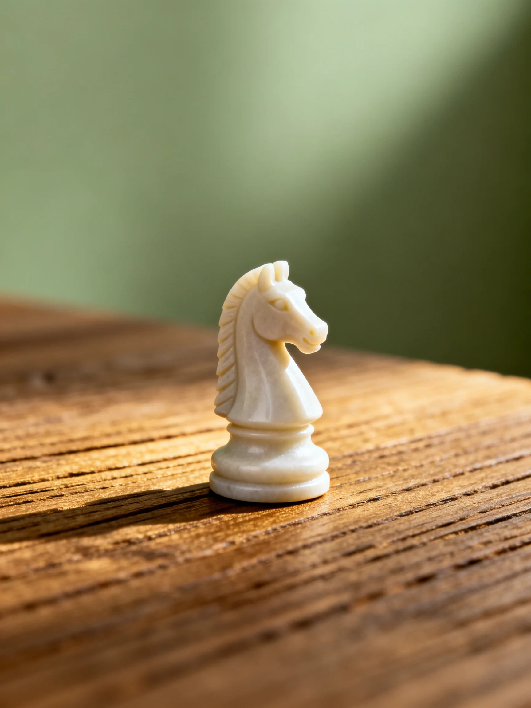 A single white chess knight figurine on a brown wooden surface