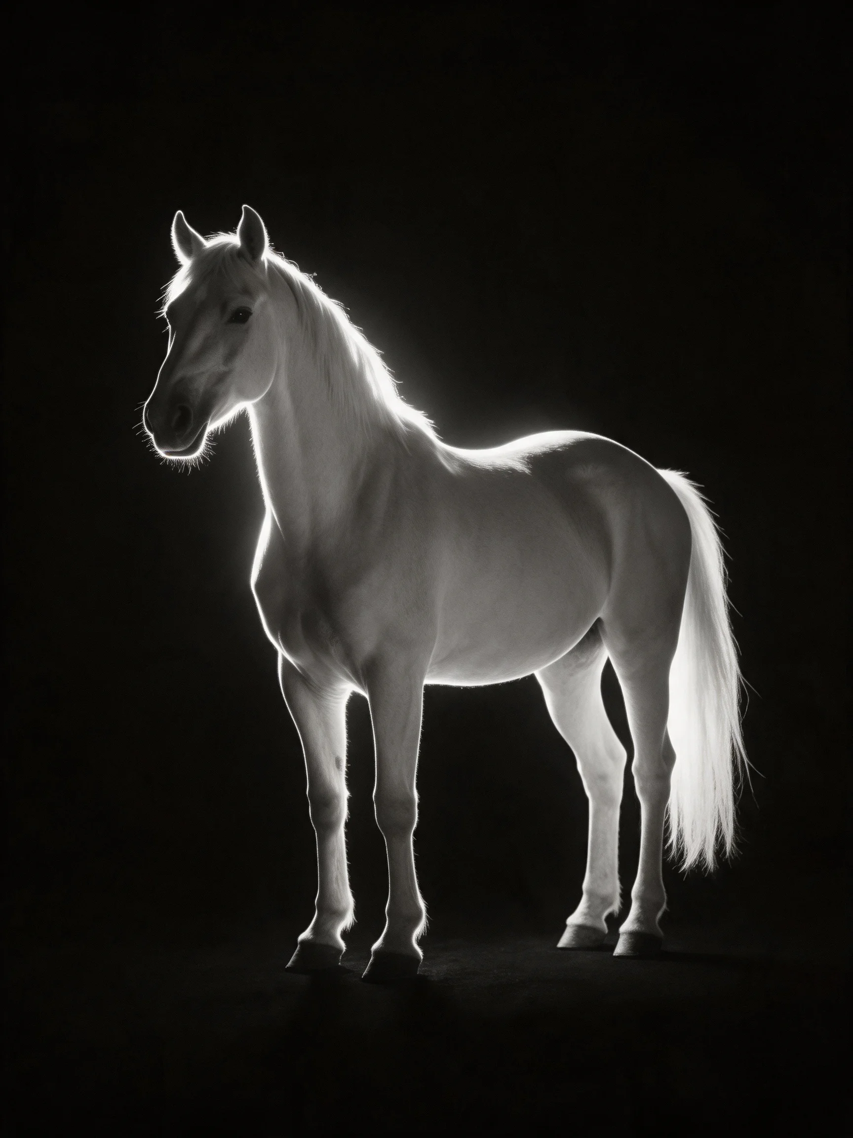 A single white horse backlit against a pitch-black background