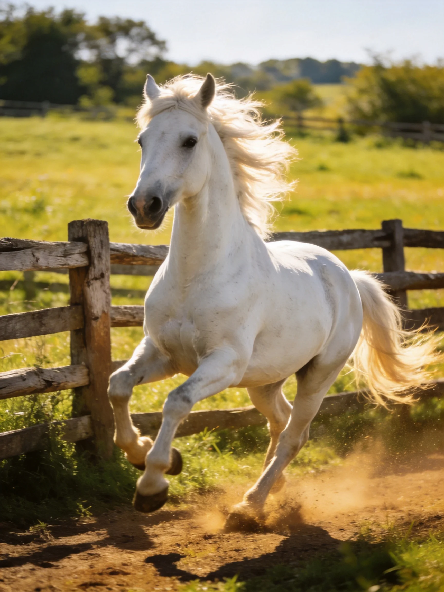A single white horse galloping near a wooden fence in a sunlit pasture