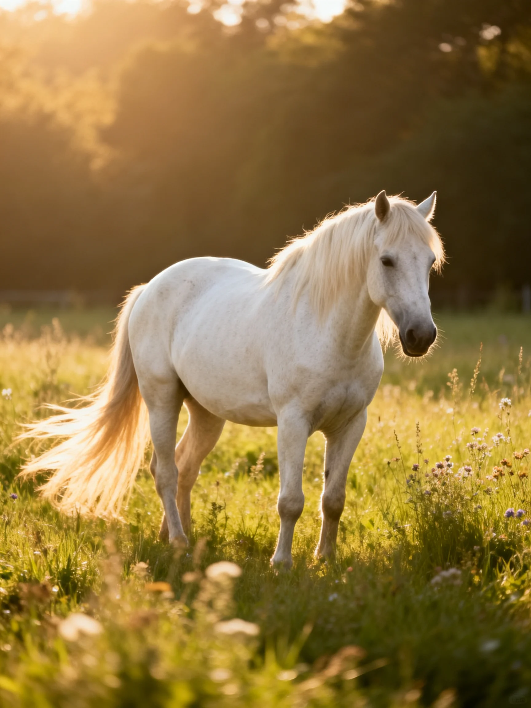 A single white horse in a sun-kissed meadow of tall grass