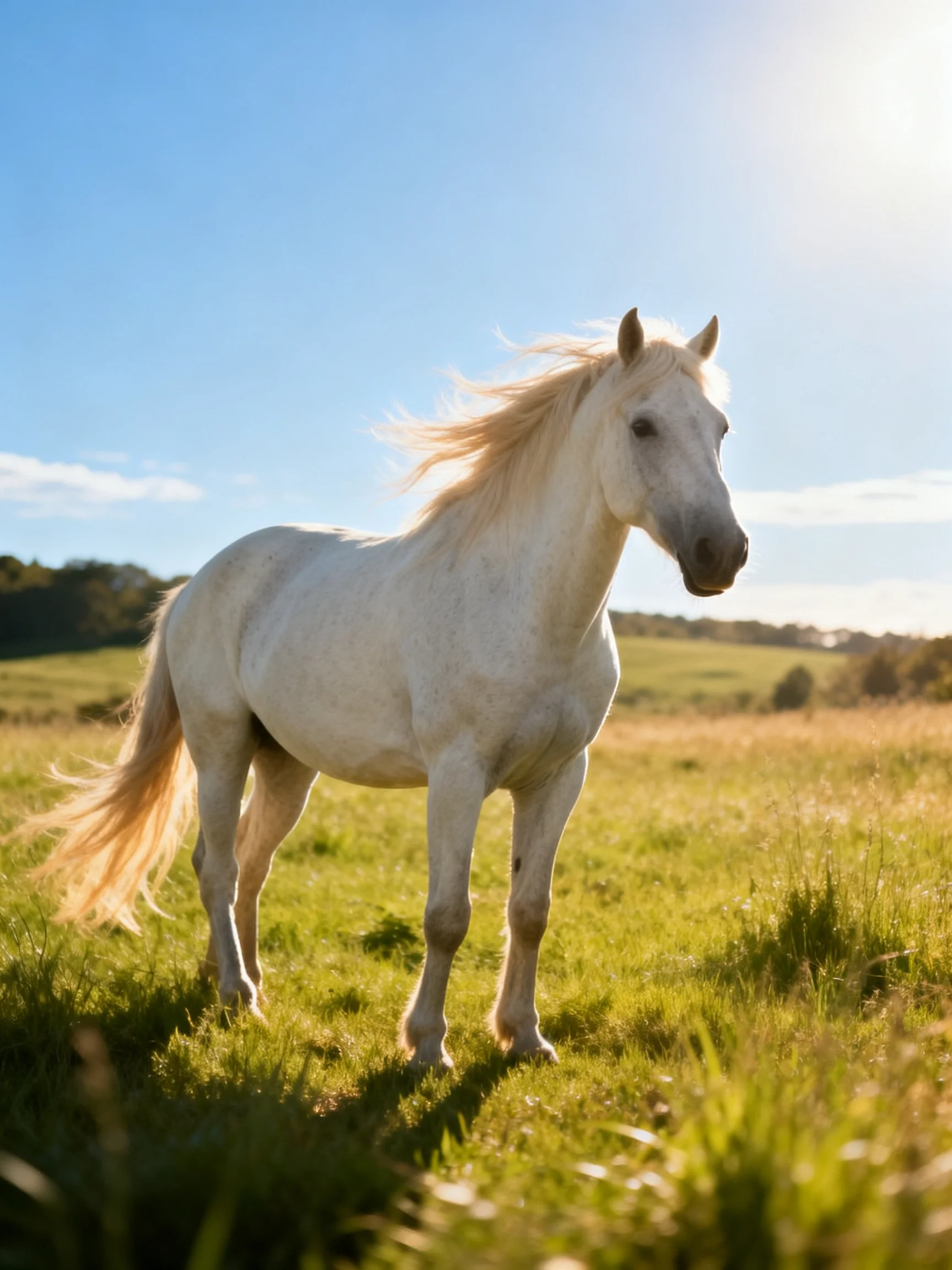 A single white horse stands in a sunlit green meadow